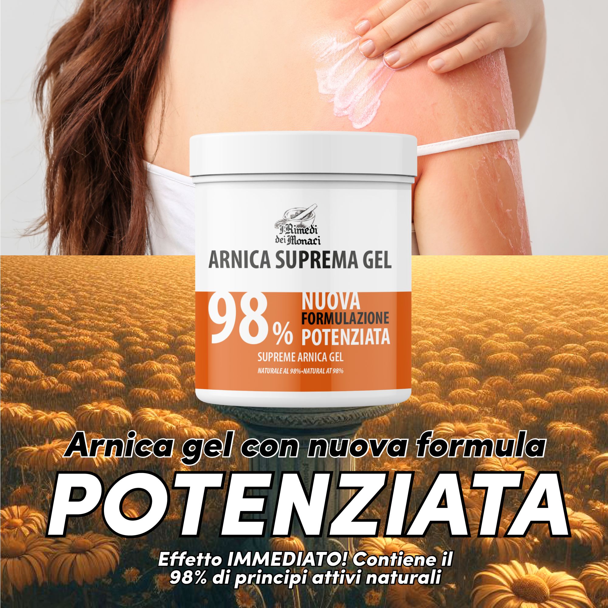 Weißes Produktglas mit orangefarbener Aufschrift. Text: Arnika Suprema Gel 98%. Aufschrift: Neue Formulierung. Hintergrund: gelbe Blumen.