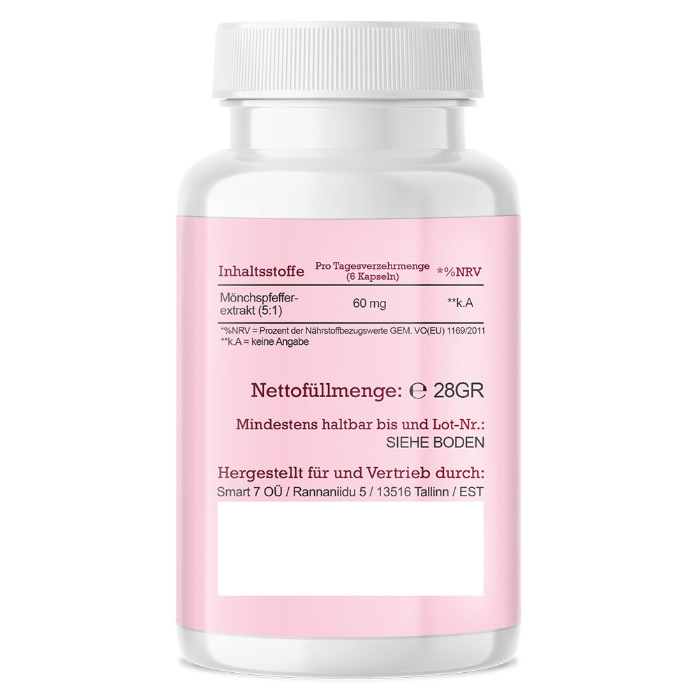 Rückseite des Pillenfläschchens. Text: Inhaltsstoffe, Nettomenge, Mindestens haltbar bis, Herstellerinformationen.