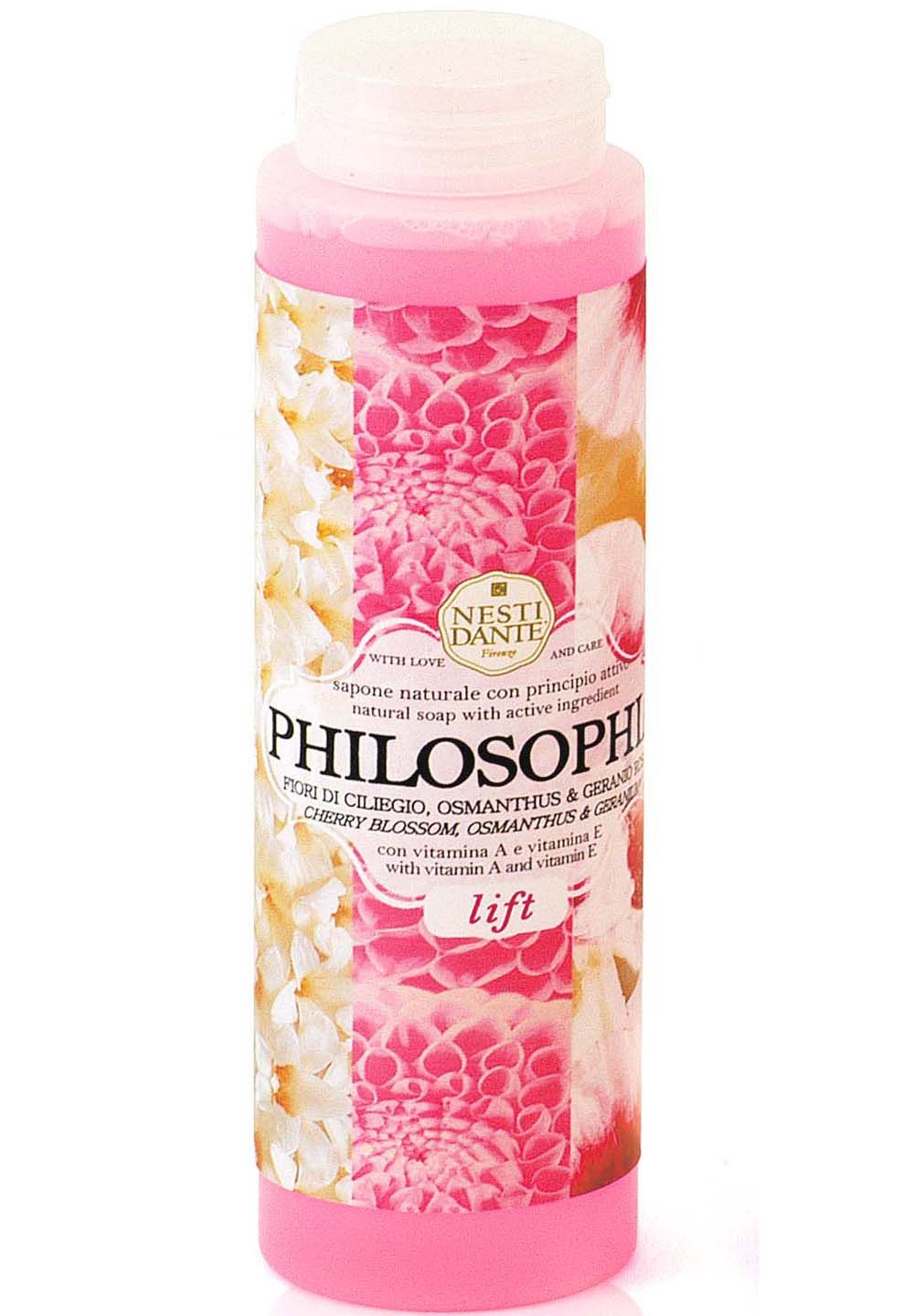 Rosa Flüssigseife in einer Flasche. Aufschrift: Philosophia, Cherry Blossom, Osmanthus & Geranium. Marke: Nesti Dante.