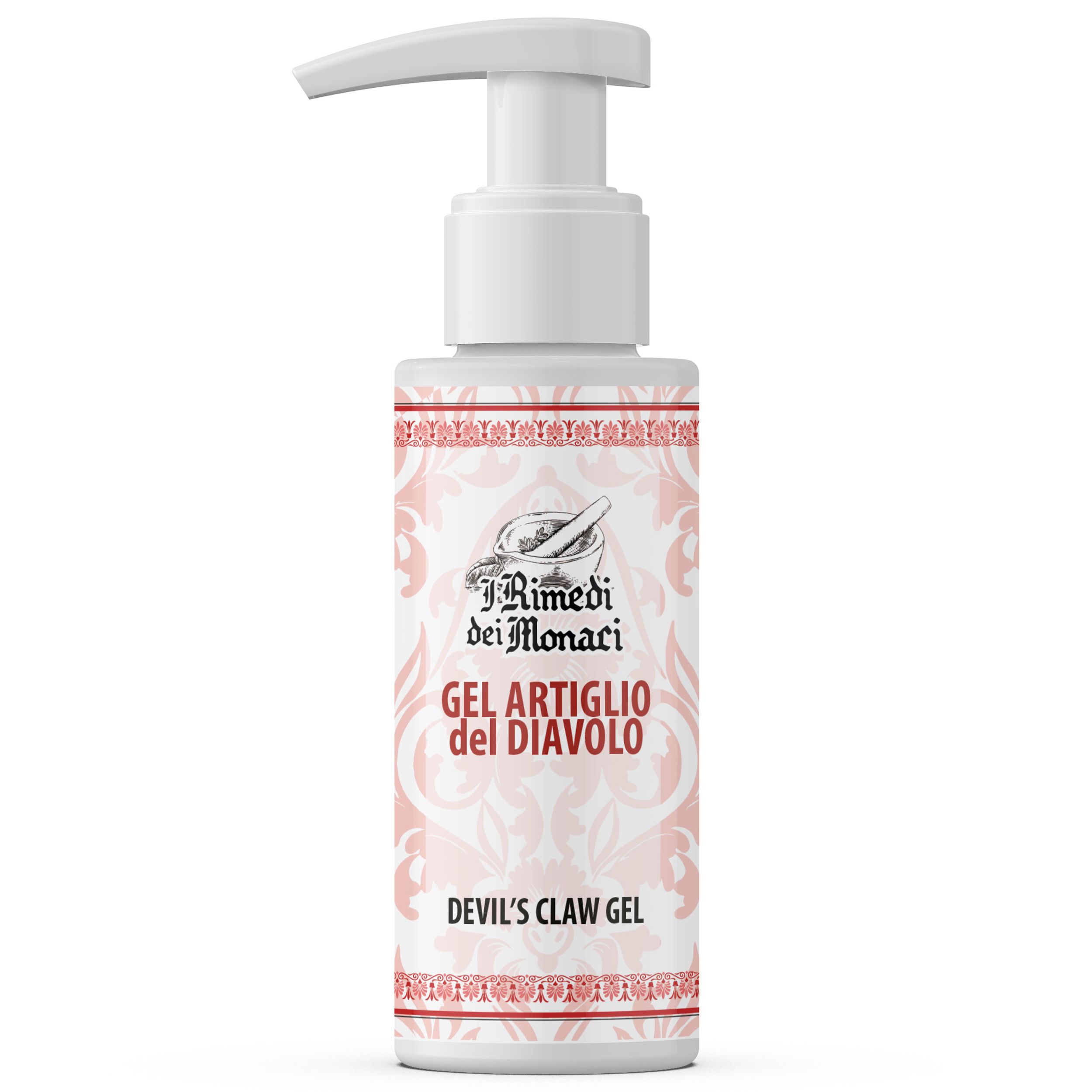 Gel-Flasche mit Dosierpumpe. Text: I Rimedi dei Monaci, Gel Artiglio del Diavolo, Devil's Claw Gel.