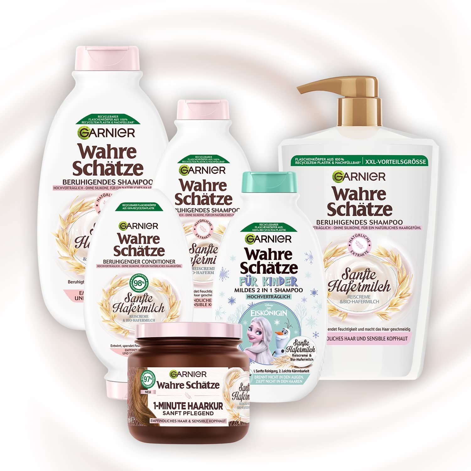 Verschiedene Garnier Wahre Schätze Produkte: Shampoo, Spülung, Haarkur, 2in1 Shampoo für Kinder. Sanfte Hafermilch.