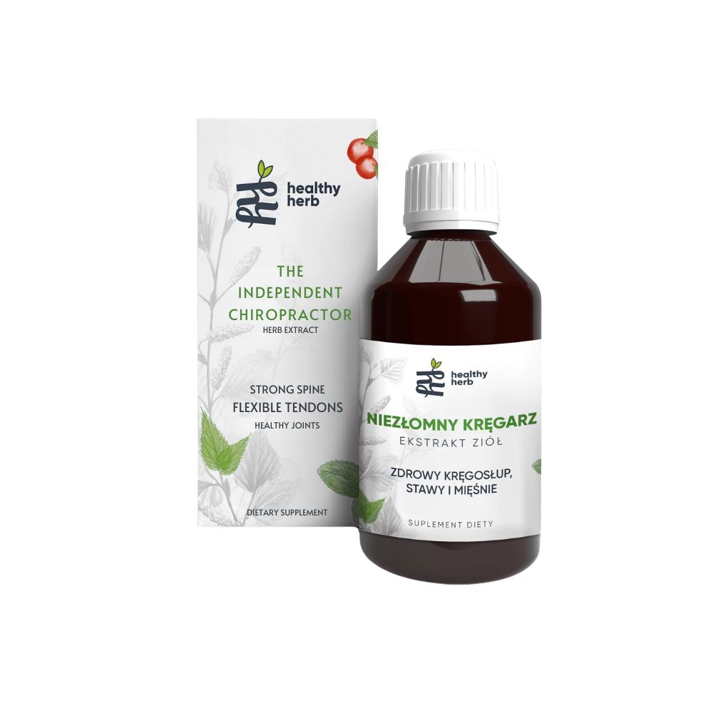 Braune Flüssigkeit in einer Flasche mit weißem Deckel und Etikett. Daneben eine Schachtel mit Aufschrift 'Healthy Herb'.