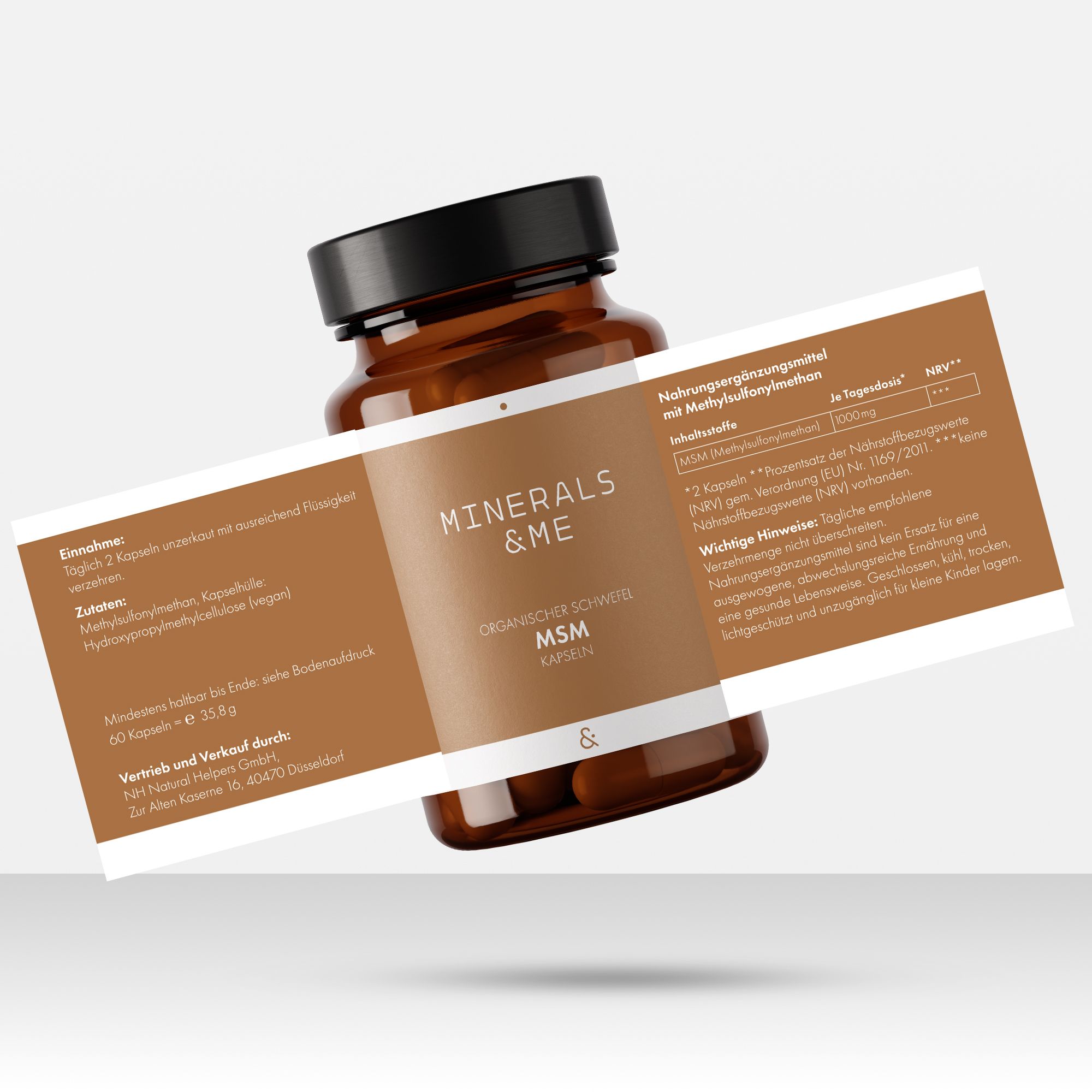 Braune Glasflasche mit MINERALS & ME® MSM Kapseln und Produktinformationen. Text: Organischer Schwefel.