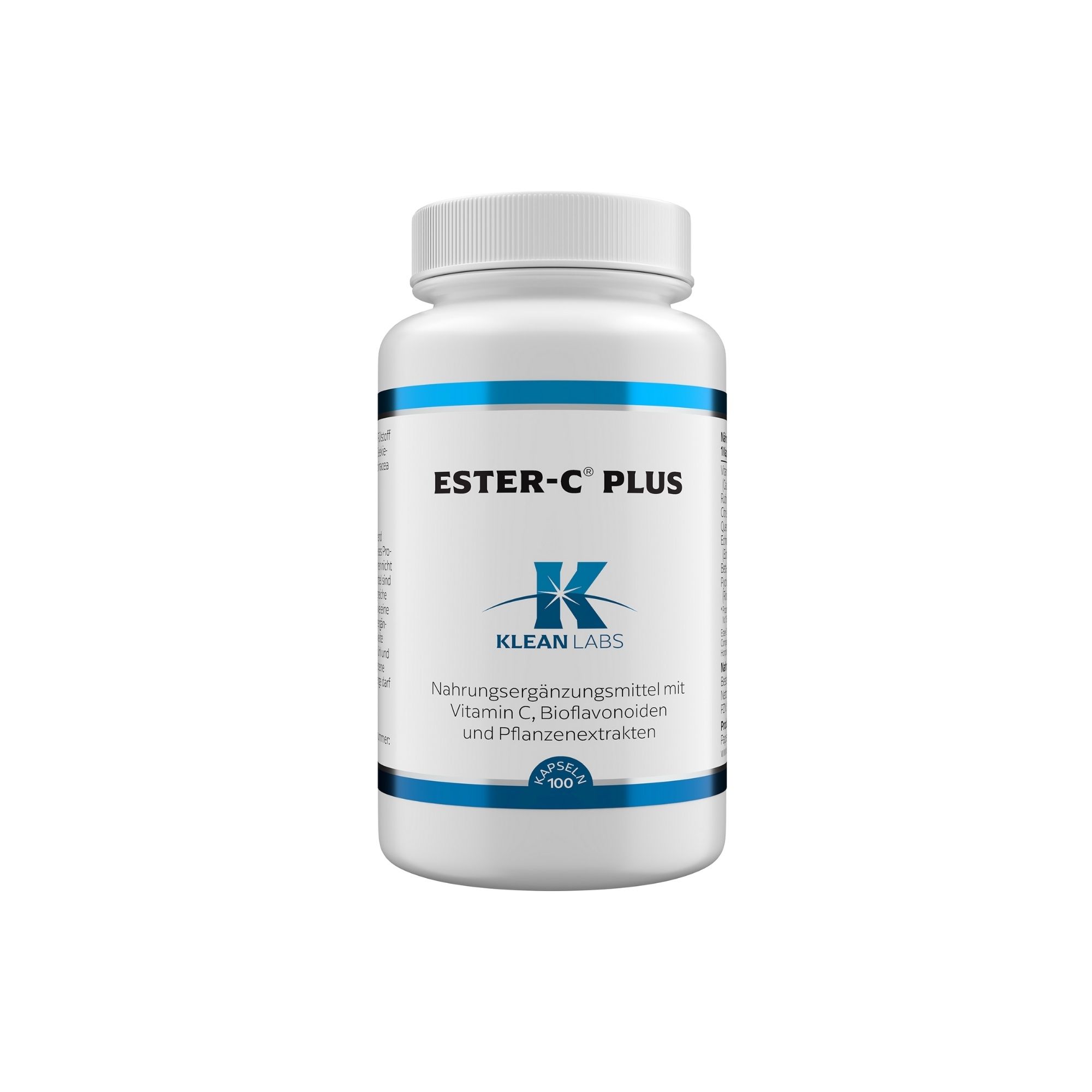 Weiße Flasche mit blauem Etikett. Aufschrift: ESTER-C PLUS, KLEAN LABS. Kapseln, 100 Stück.