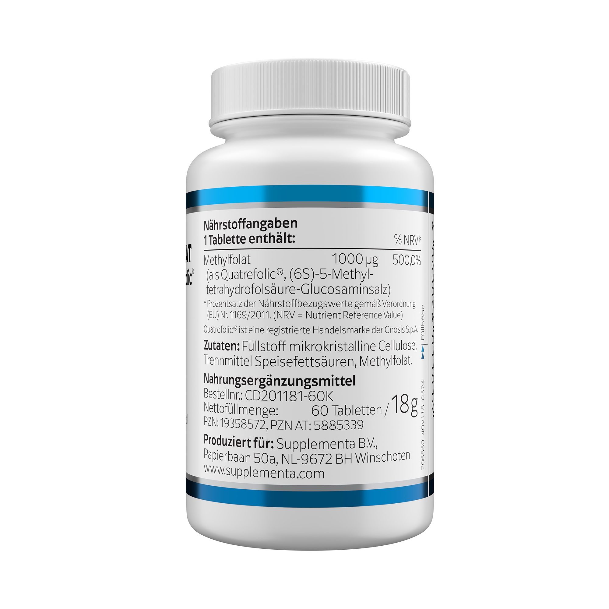 Rückseite einer weißen Flasche. Enthält Nährwertangaben. Methylfolat 1000 µg. Zutatenliste. Nettomenge: 60 Tabletten/18g. Herstellerinformationen.