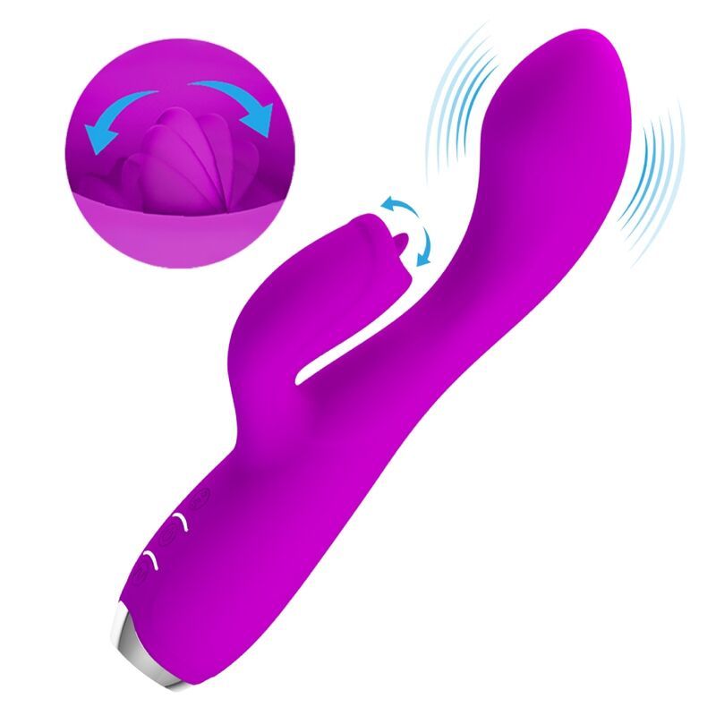 Lila Vibrator mit Kaninchenohren-Design. Zirkelnde Pfeile zeigen die Bewegung an. Auf weißem Hintergrund.