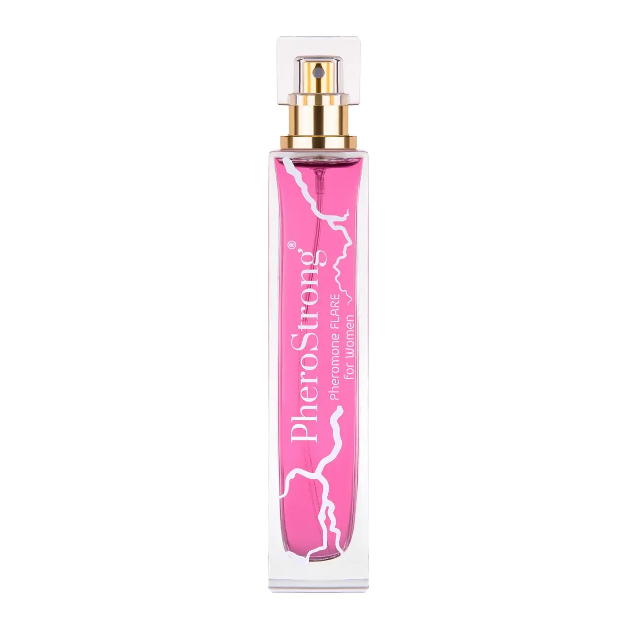 Rosa Flasche mit goldfarbenem Zerstäuber. Aufschrift PheroStrong Pheromone Flare for women. Transparente Kappe.