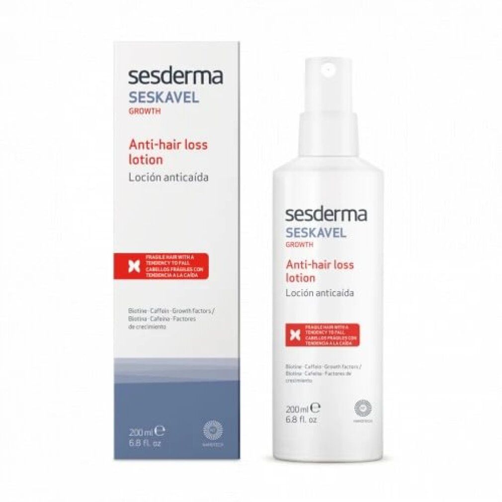 Weiße Flasche und Schachtel. Aufschrift: sesderma SESKAVEL GROWTH Anti-Haarausfall Lotion. Enthält Biotin, Koffein, Wachstumsfaktoren.