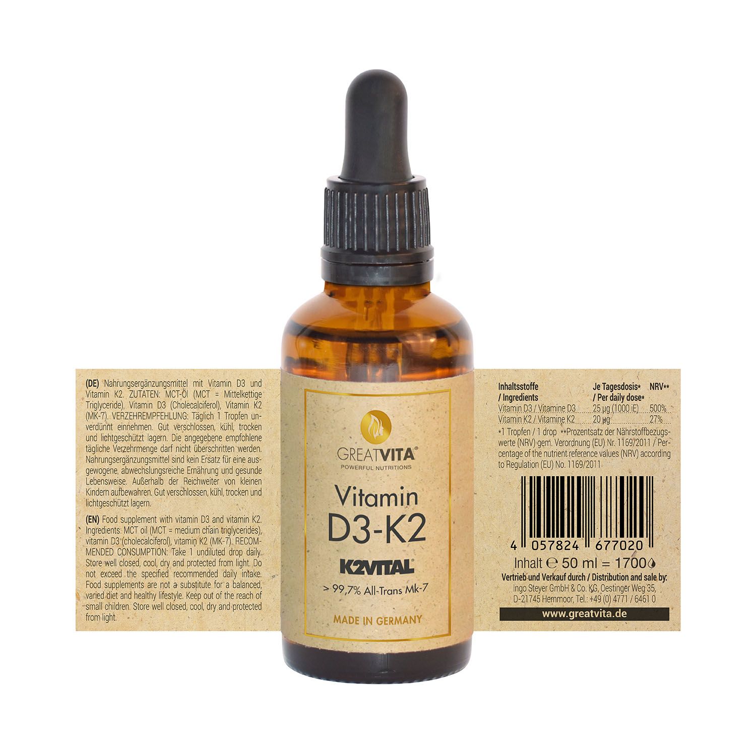 Braune Glasflasche mit Tropfer. Aufschrift: Vitamin D3-K2. Etikett mit Inhaltsstoffen und Nährwertangaben. Barcode.