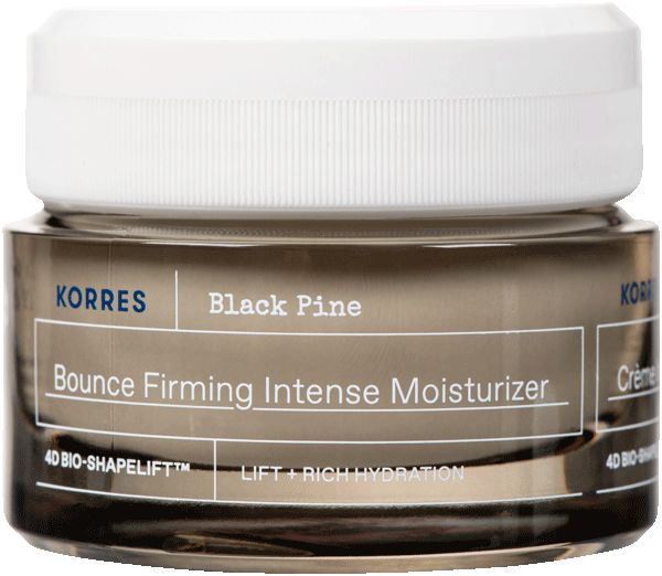 Tiegel mit Creme. Aufschrift: KORRES, Black Pine, Bounce Firming Intense Moisturizer. Weißer Deckel, transparente Dose.