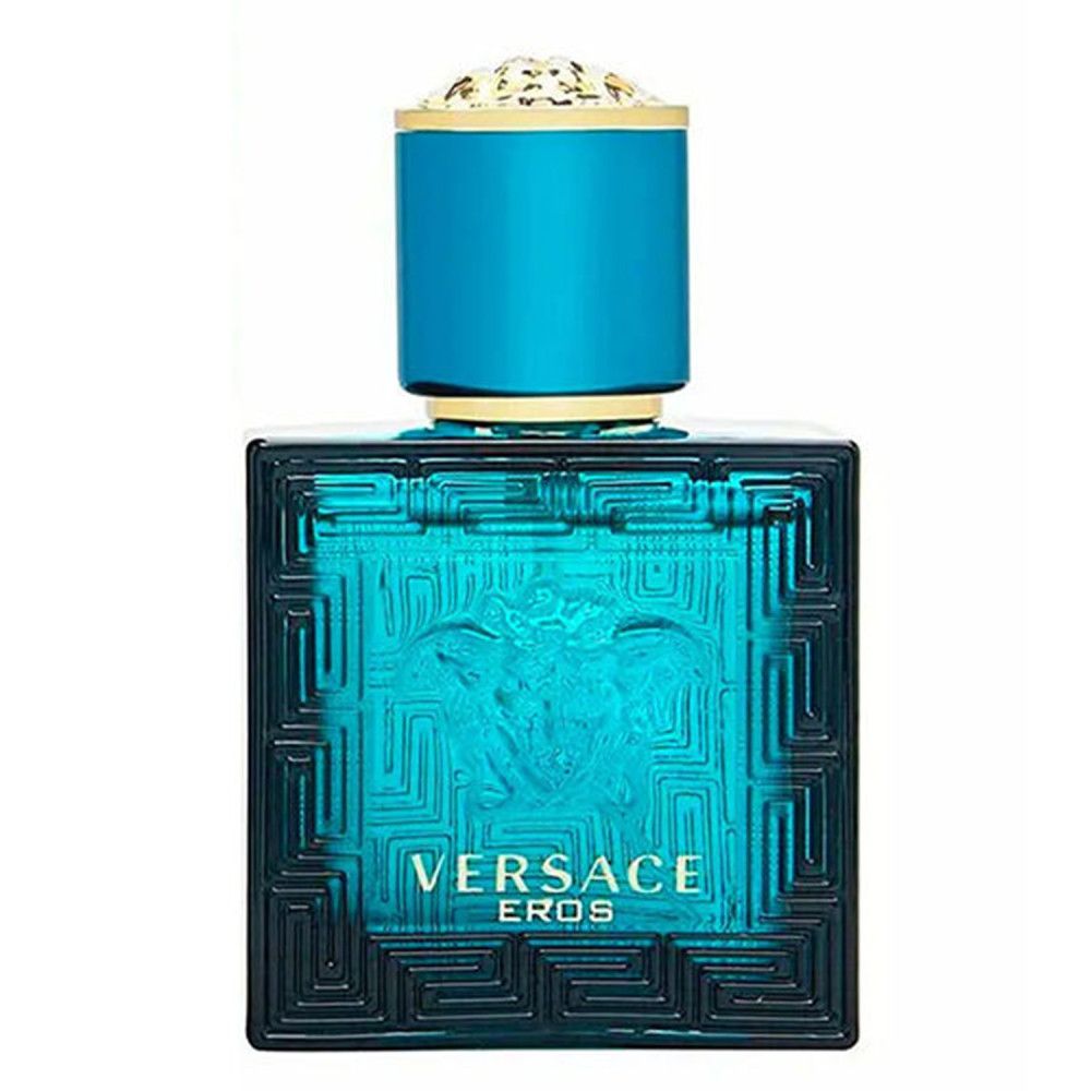 Türkisfarbener Flakon von Versace Eros. Quadratische Form mit geometrischem Muster und Medusa-Logo. Blauer Deckel mit goldenem Akzent.