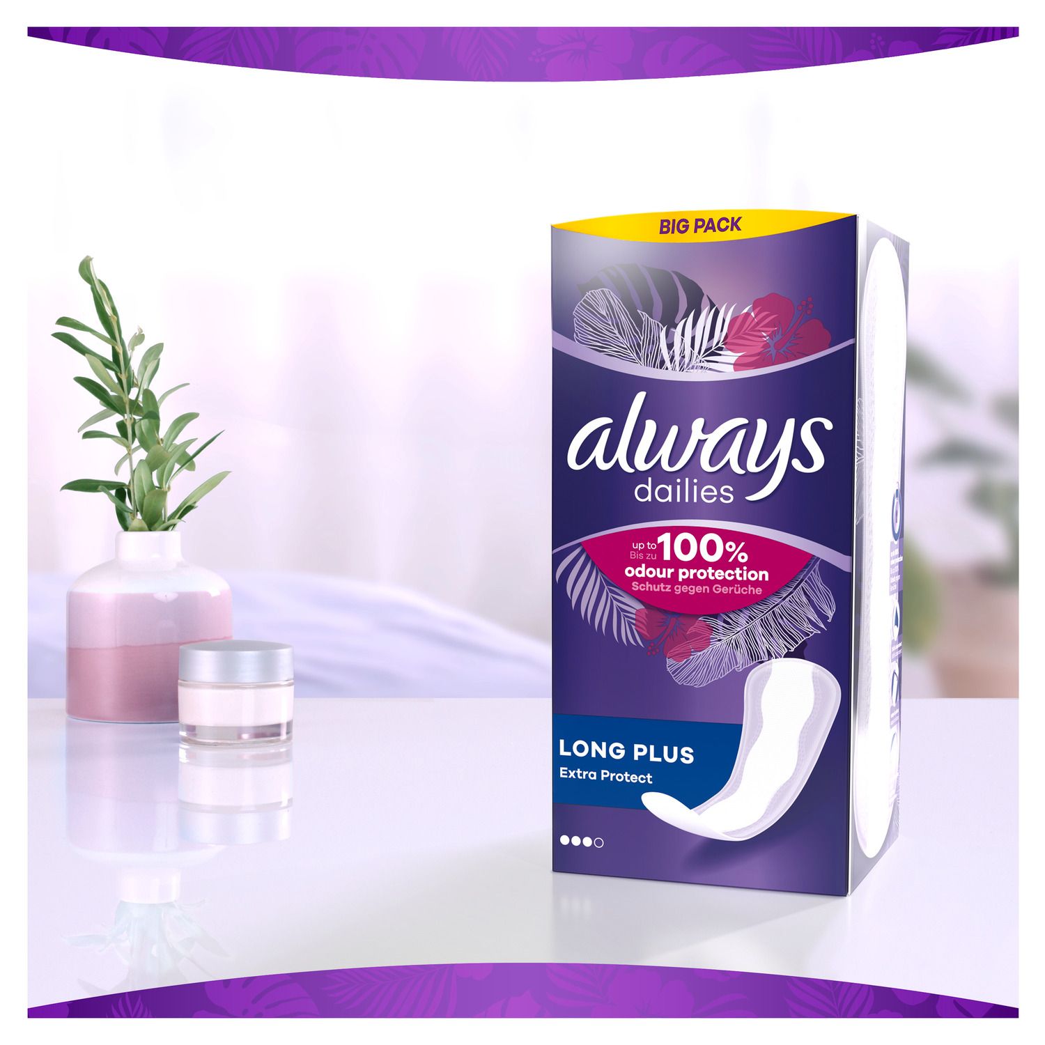 Always dailies Slipeinlagen-Verpackung. Aufschrift: BIG PACK, always dailies, Extra Protect Long Plus.