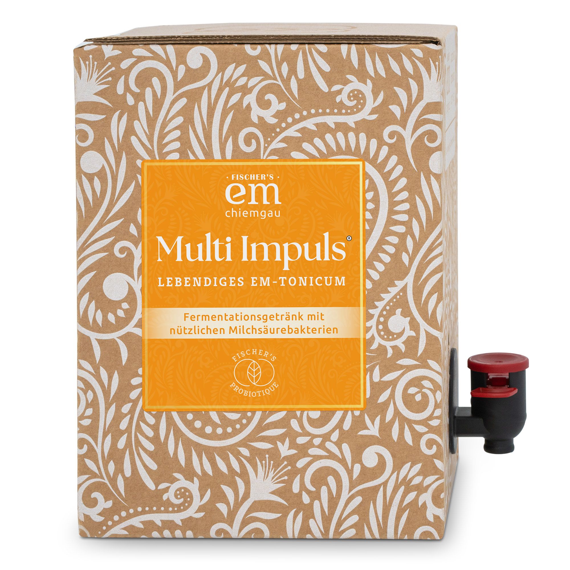 Karton mit Aufdruck. Auf orangefarbenem Feld steht "Multi Impuls". Darunter "Lebendiges EM-Tonicum". Mit Zapfhahn.