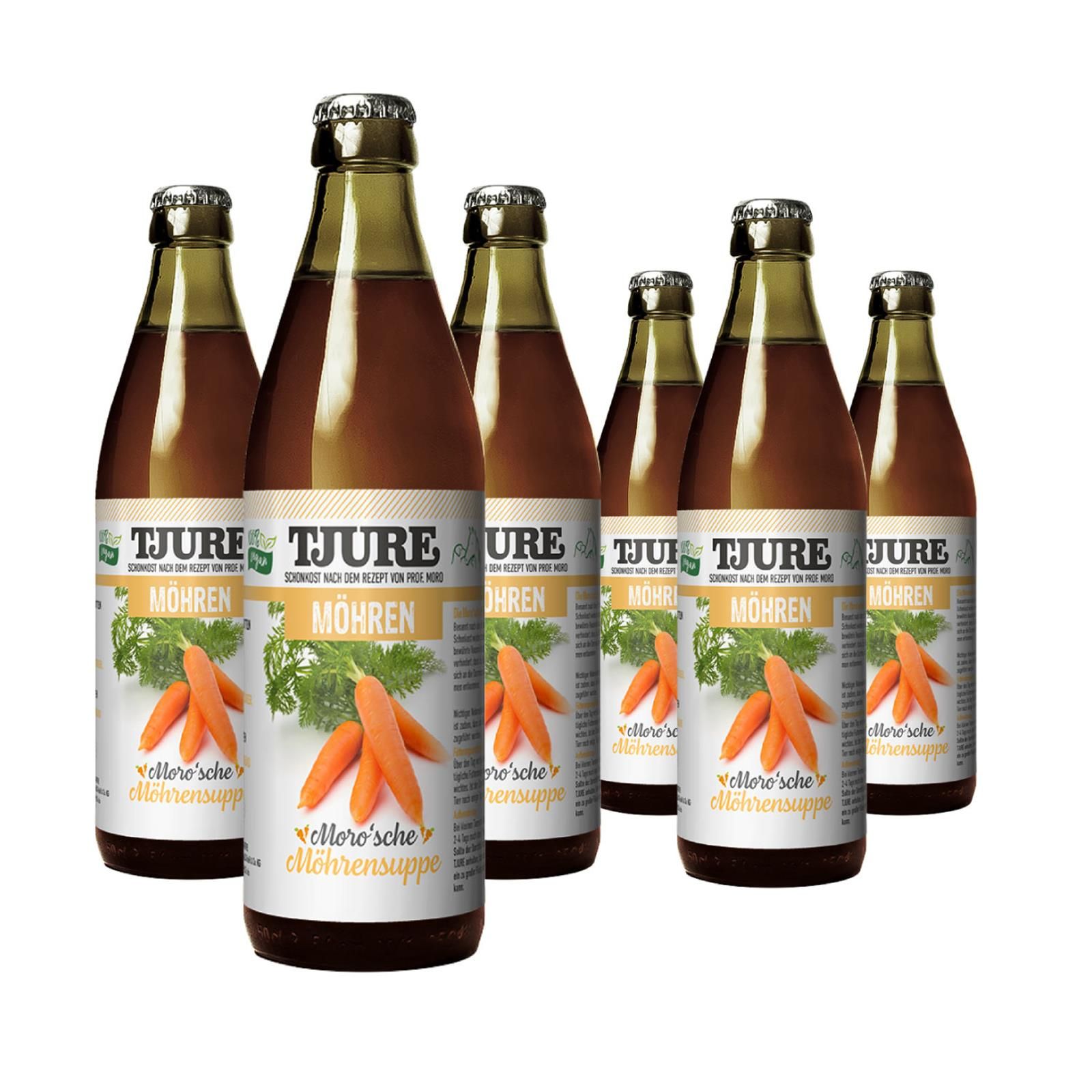Tjure Moro'sche Möhrensuppe: Ein Sixpack mit sechs Flaschen der Karottensuppe.