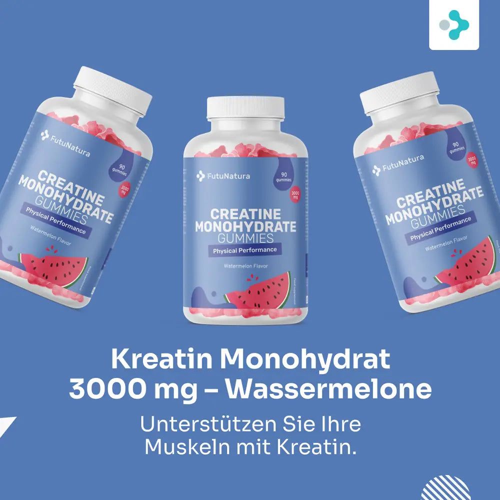 Drei Flaschen Kreatin Monohydrat Gummibonbons auf blauem Hintergrund.