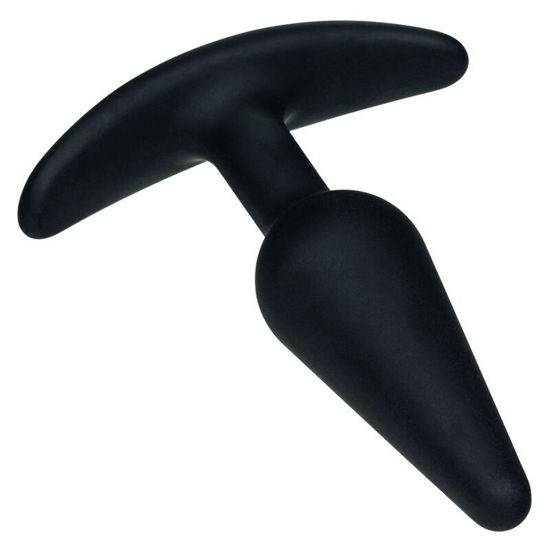 Schwarzer Analplug mit T-förmigem Griff. Kegelförmiger Schaft. Aus schwarzem Material.