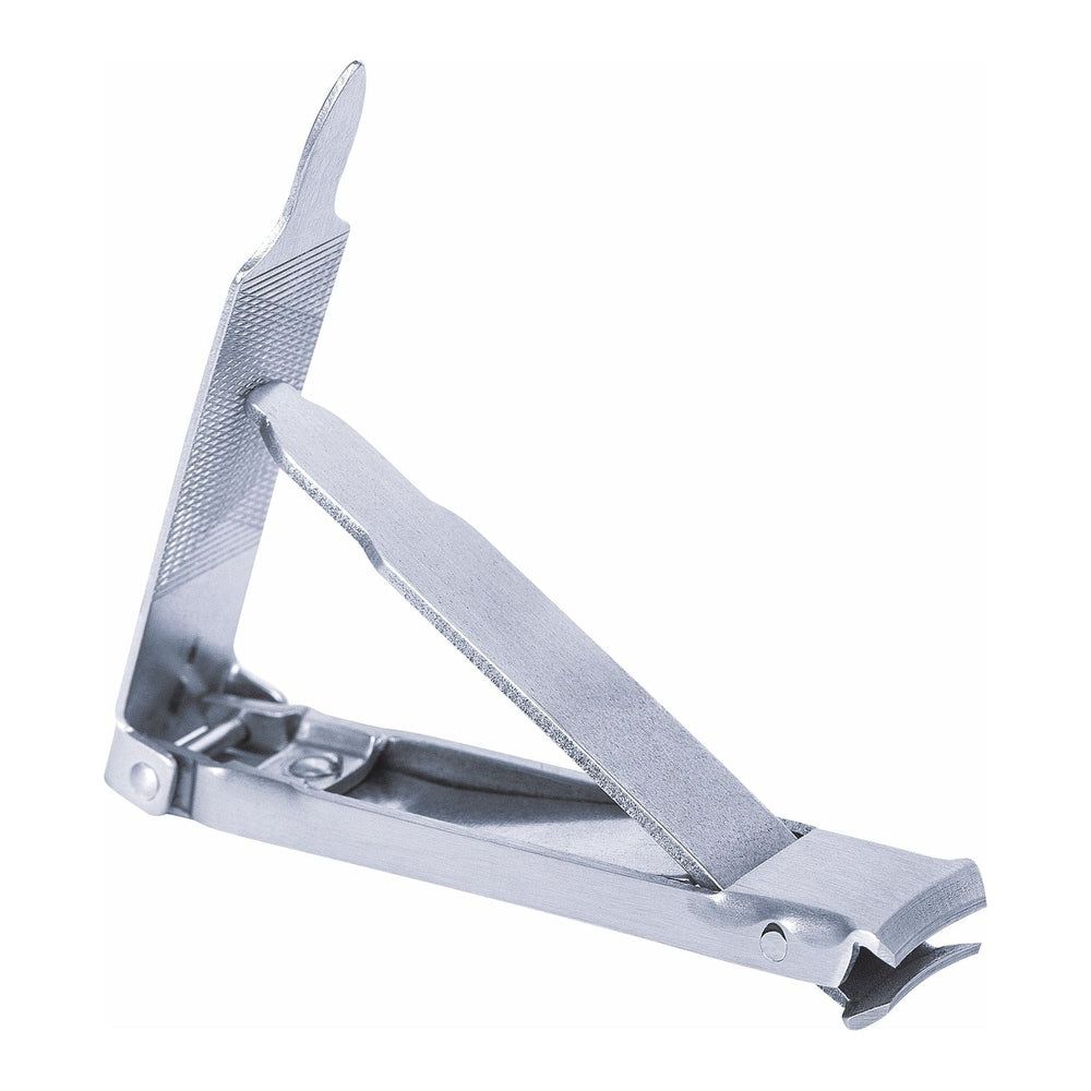 Nagelknipser, mattiertes Metall, gehärtete Schneiden. Geöffnet, mit Griff und Feile. Rostfrei.