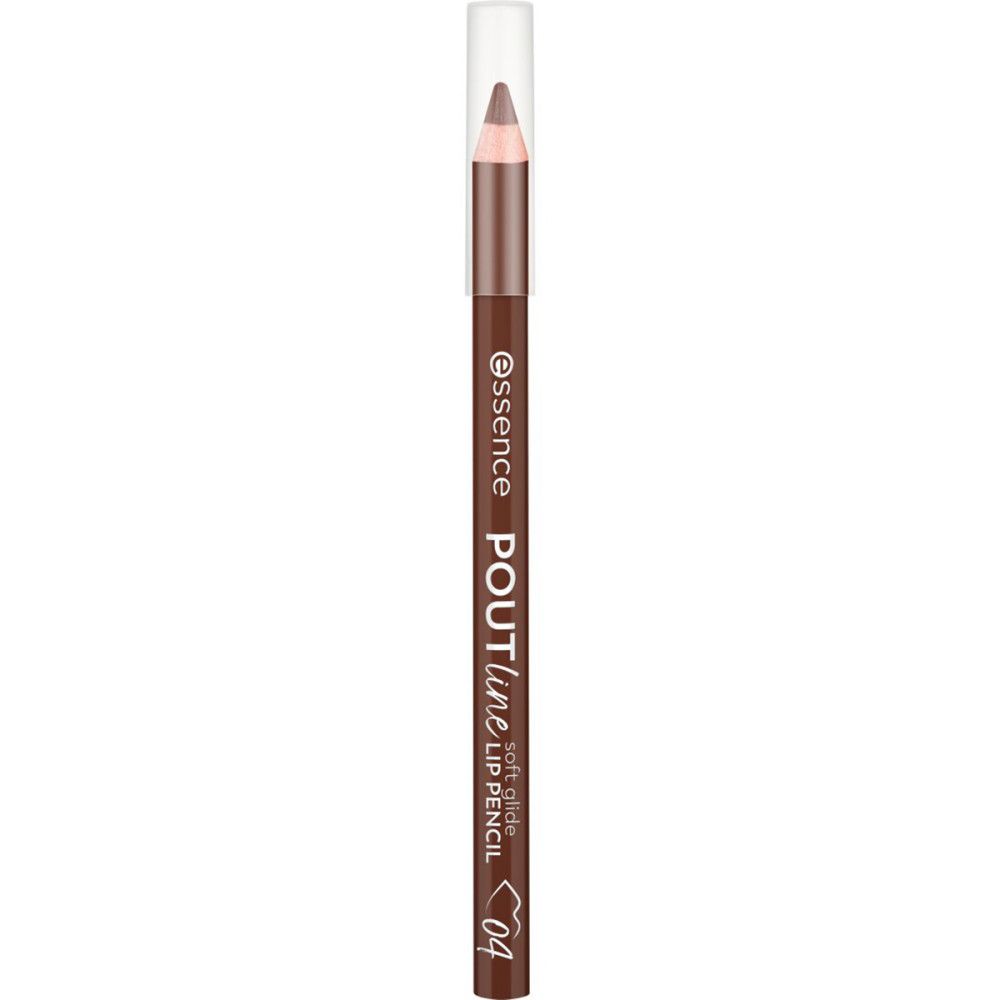 Brauner Lipliner-Stift mit transparenter Kappe. Aufschrift: Essence, Poutline Soft Glide Lip Pencil, 04.