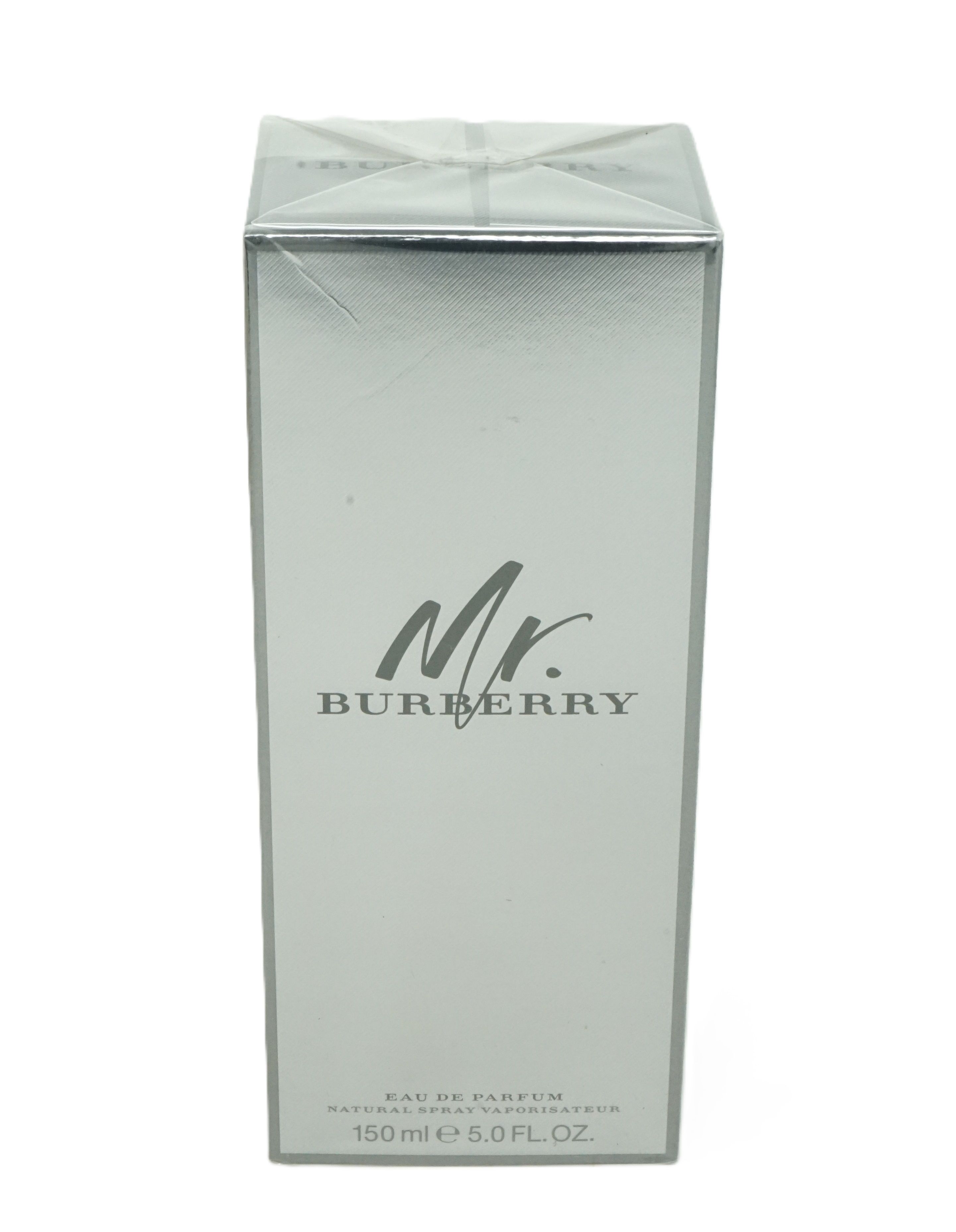 Graue rechteckige Verpackung mit Logo "Mr. BURBERRY". Text: Eau de Parfum, 150 ml 5.0 FL. OZ.