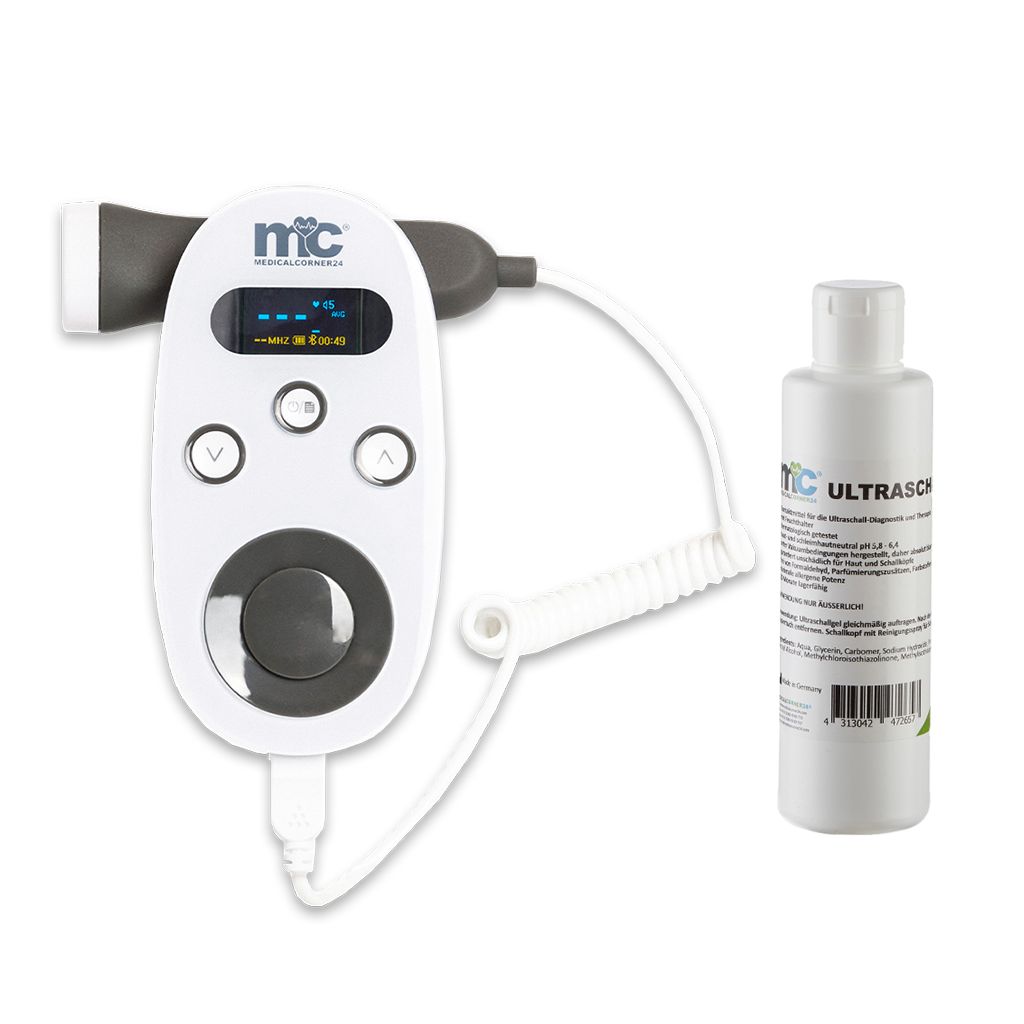 Fetal Doppler mit Ultraschallgel-Flasche. Weißes Gerät mit LCD-Display, Tasten und abnehmbarer Sonde. Grau-weiße Farbgebung.