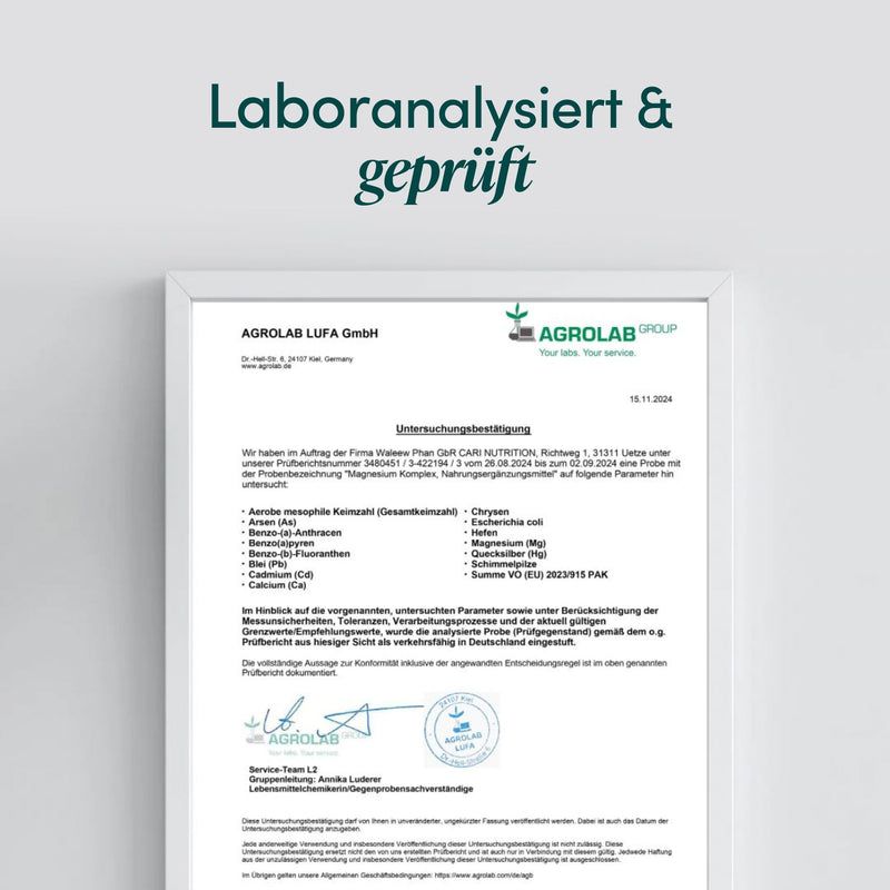 Laboranalysiert & geprüft: Agrolab Untersuchungsergebnis für Magnesium Komplex.