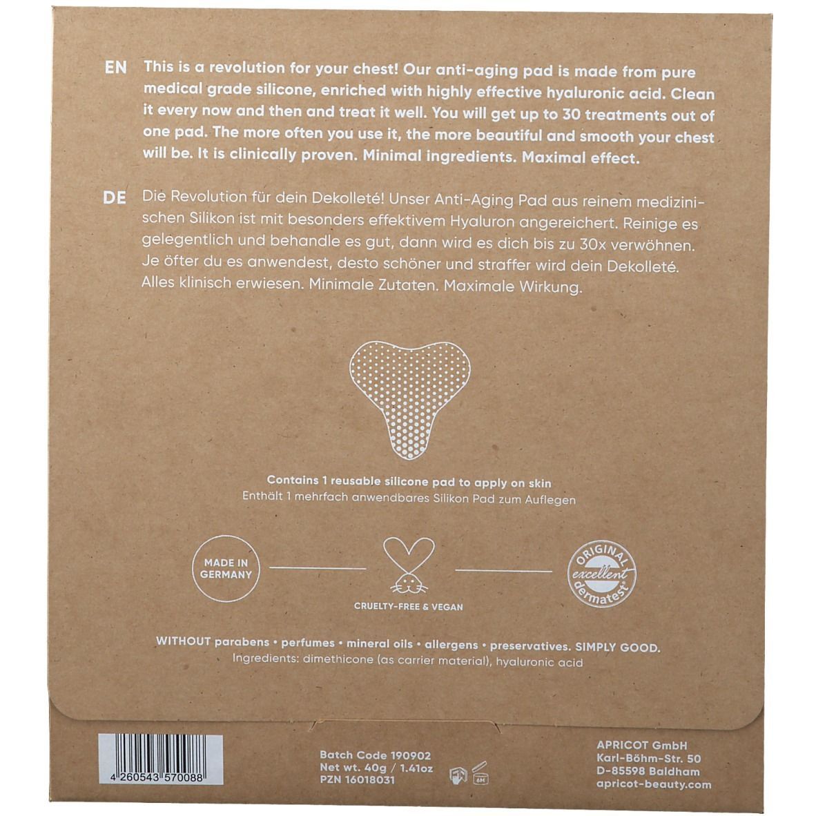 Rückseite der Verpackung mit Text. Enthält Informationen über das Produkt und Inhaltsstoffe.