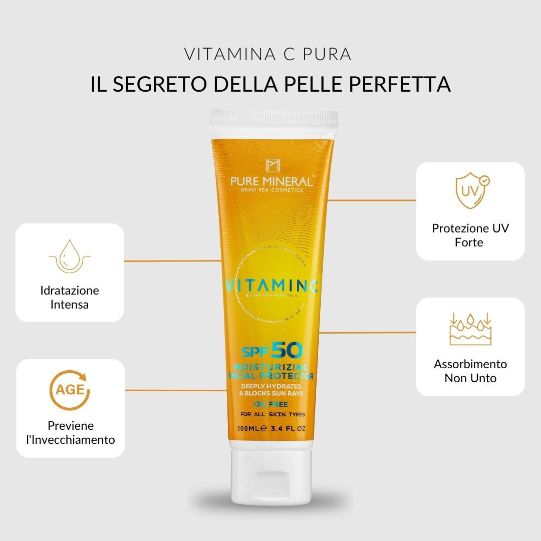 Tubo giallo con tappo bianco. Testo: SPF 50, Vitamina C, protezione solare idratante. Marchio: Pure Mineral.