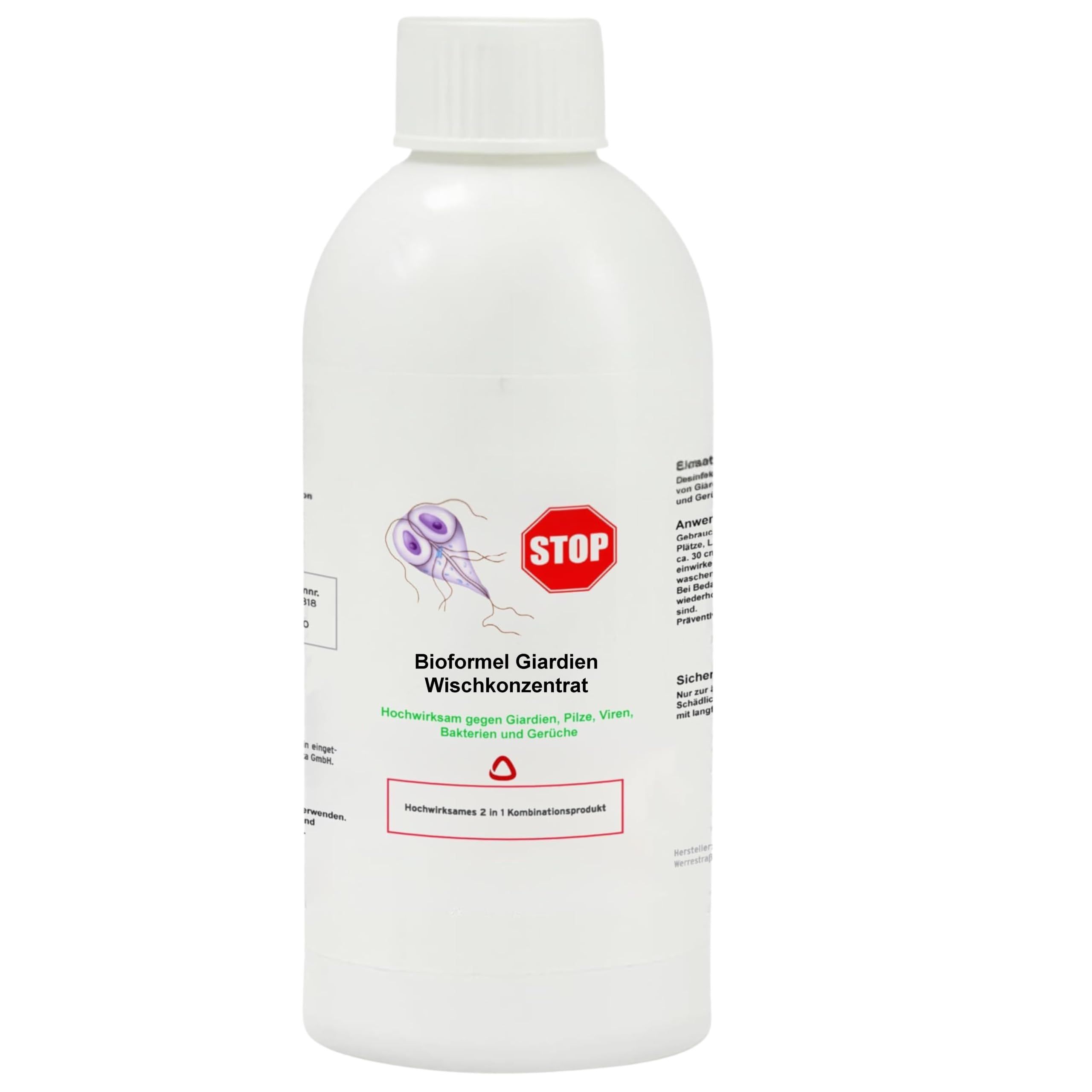 Weiße Flasche mit Schraubverschluss. Etikett mit Produktinformationen und Illustration. Roter Stop-Hinweis.
