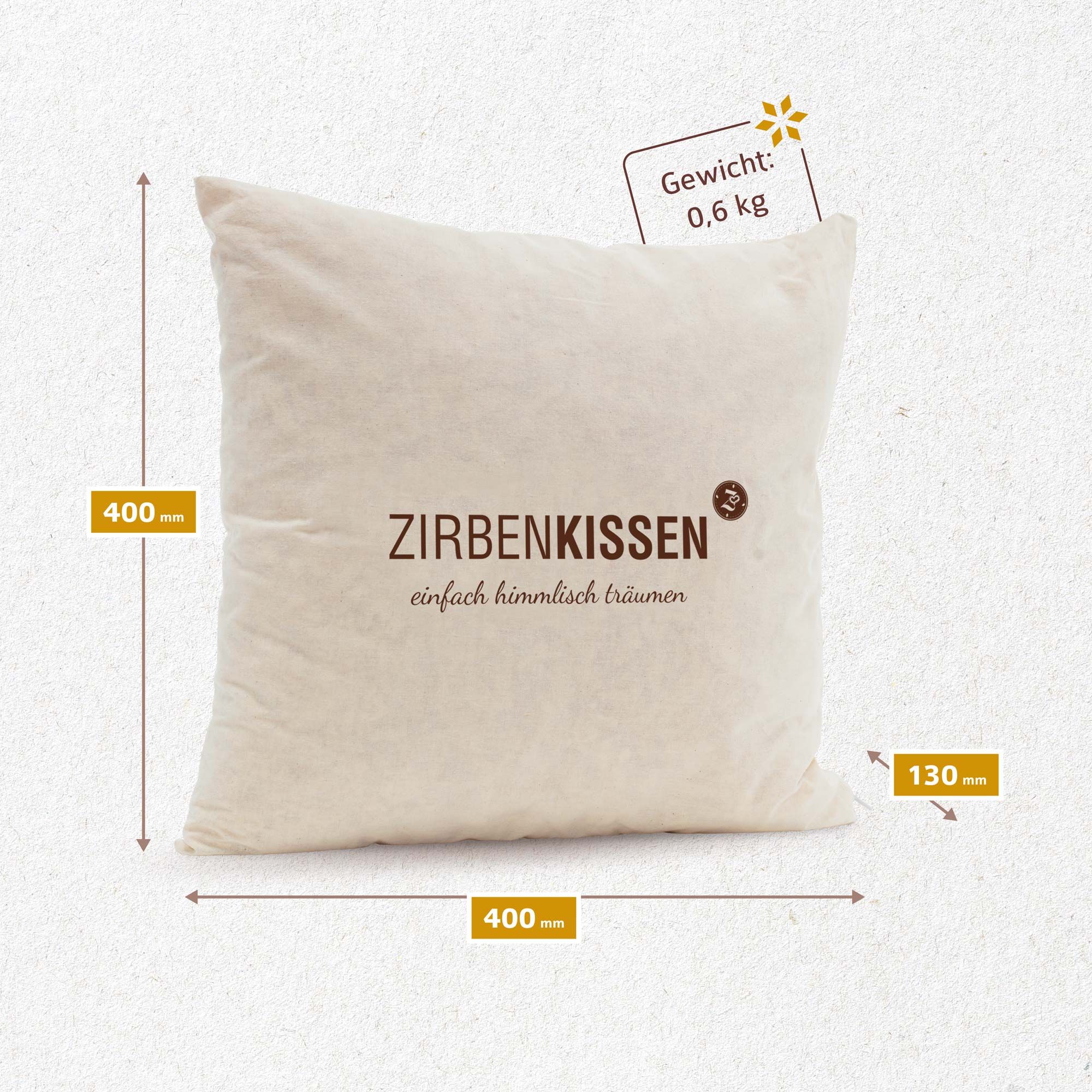 Beige Kissen mit Text und Maßen. Gewicht: 0,6 kg. Abmessungen: 400x400x130 mm.
