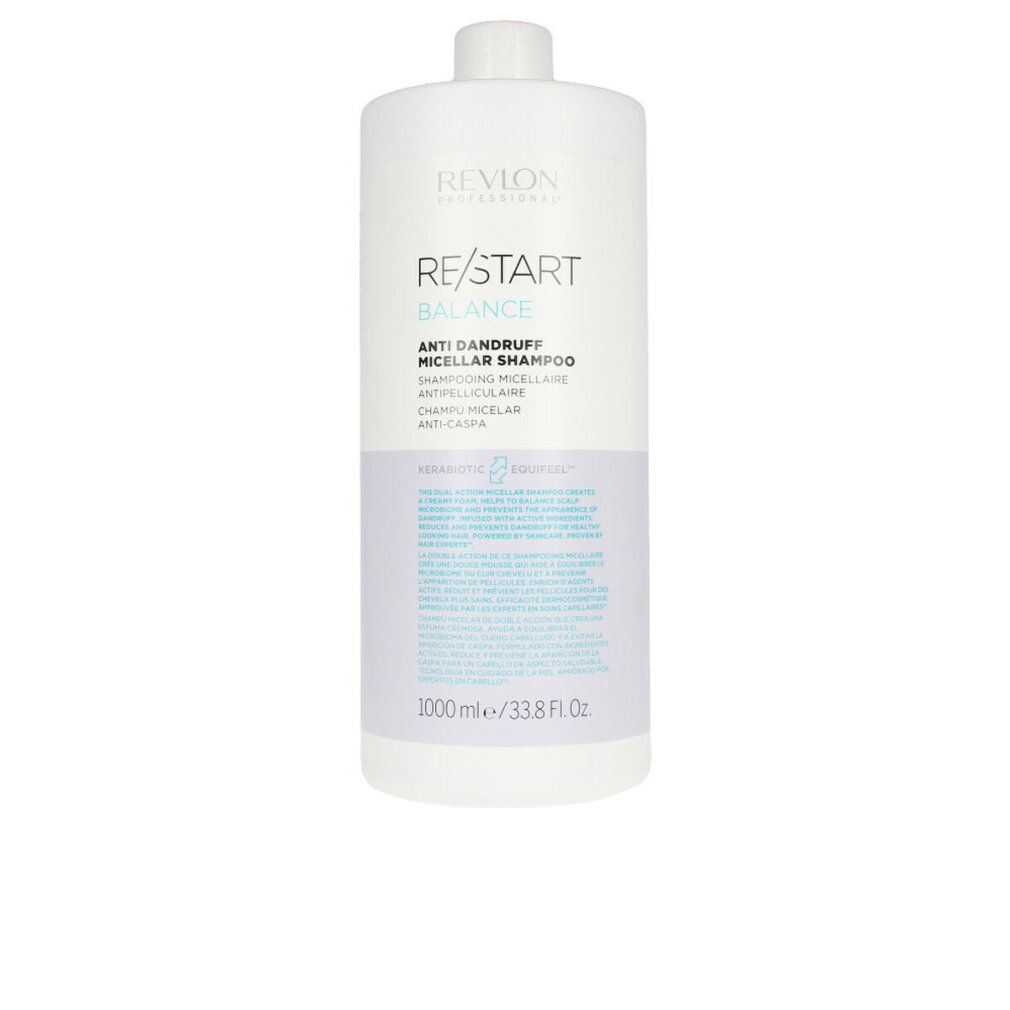 Weiße Flasche Revlon Re-Start Balance Anti-Schuppen Micellar Shampoo. Text: Anti-Schuppen, 1000 ml/33.8 fl oz.