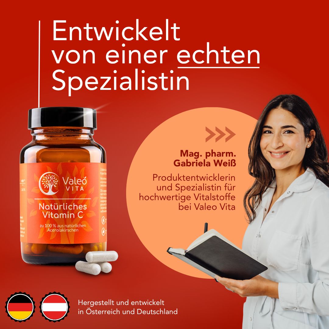 Produktflasche und Kapseln neben einer Frau. Text: Entwickelt von einer echten Spezialistin. Hergestellt in Österreich und Deutschland.