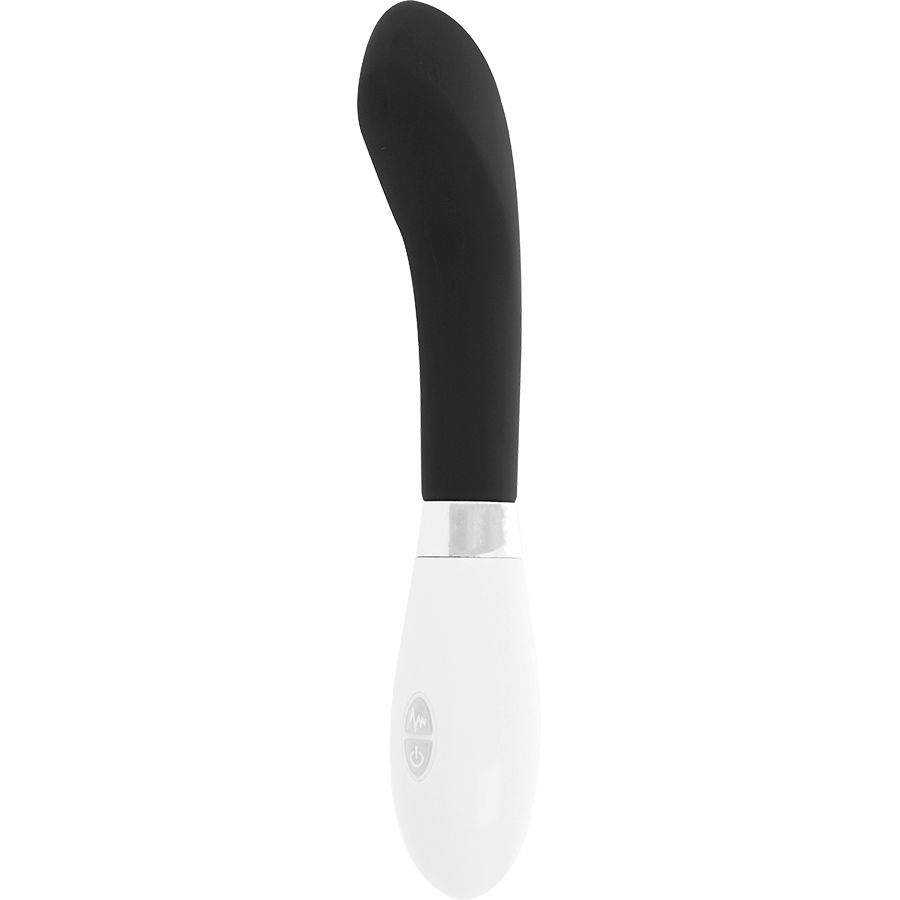 Silikonvibrator mit geschwungener Form. Schwarz und weiß. Zylindrischer Griff, gebogener Kopf.