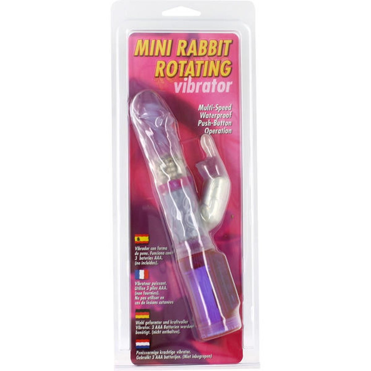 Verpackte Vibrator mit Hasenohren-Design. Produktname: MINI RABBIT ROTATING vibrator. Mehrsprachige Informationen.