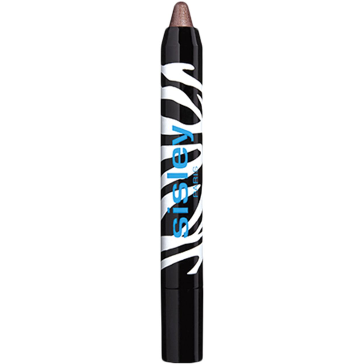 Sisley Phyto-Eye Twist. Schwarzer Stift mit Zebra-Muster und blauem Schriftzug. Spitze in Braun-Metallic.