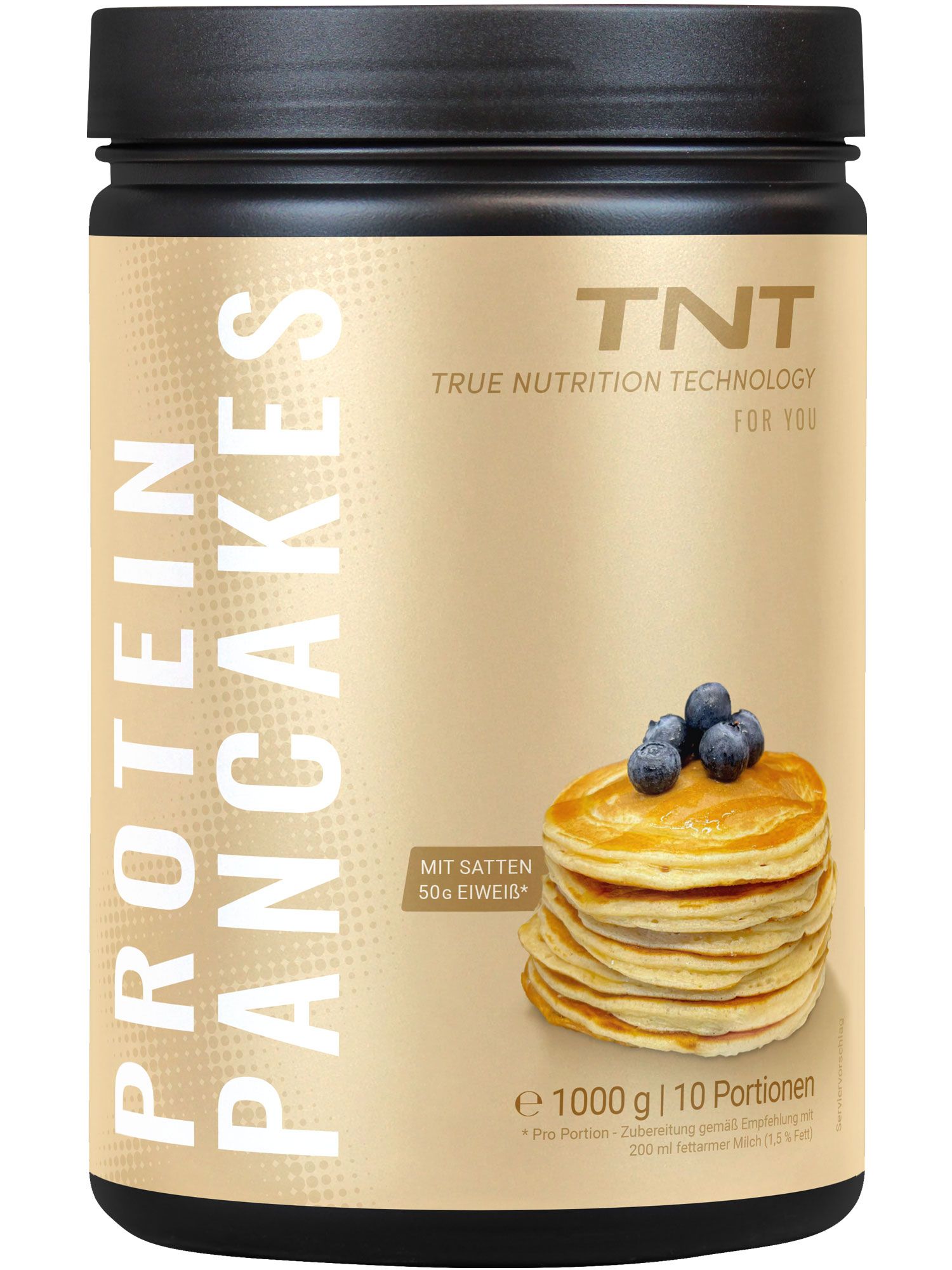 Dose TNT Protein Pancakes. Aufdruck: Protein Pancakes, True Nutrition Technology. Abbildung: Pancakes mit Blaubeeren. Text: 1000g, 10 Portionen, 50g Eiweiß.