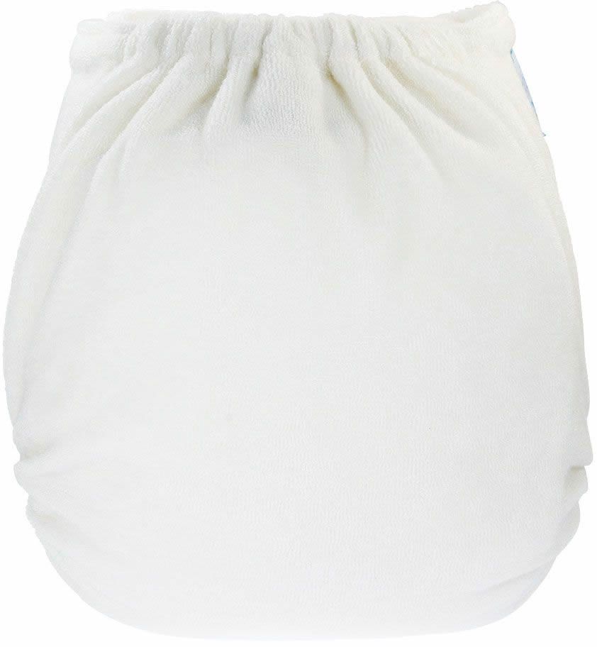 Weiße Stoffwindel, Ansicht von vorne. Die Windel hat eine runde Form und ist aus weichem Stoff gefertigt. Keine weiteren Details sichtbar.