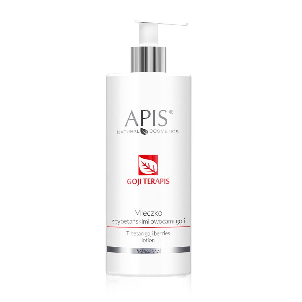 Weiße Flasche mit Pumpe. Aufschrift: APIS GOJI TERAPIS. Rotes Logo. Text: Mleczko z tybetarskimi owocami goji.