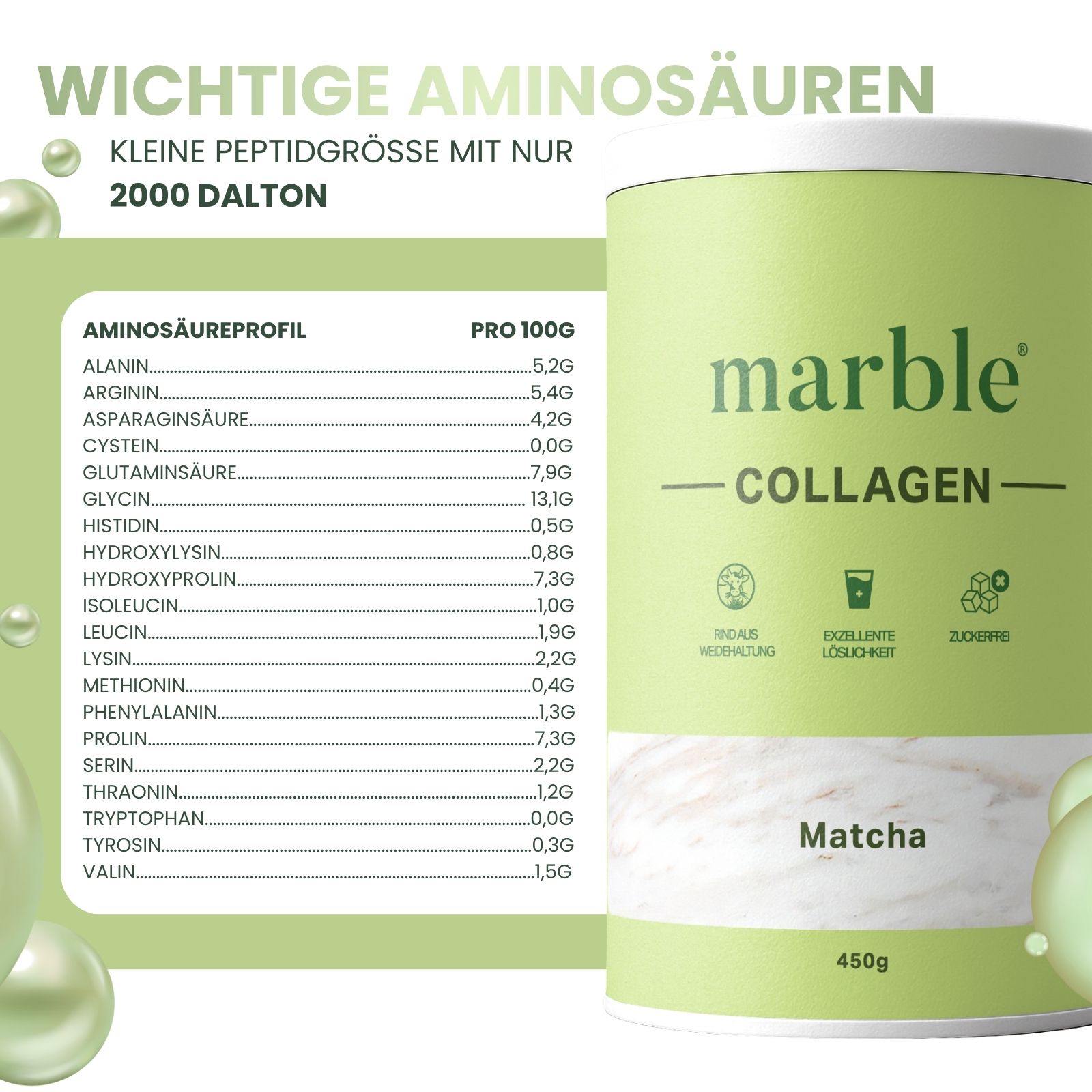 Grüne Dose marble Collagen, Matcha, 450g, neben Aminosäureprofil. Text: Wichtige Aminosäuren, kleine Peptidgröße mit nur 2000 Dalton.