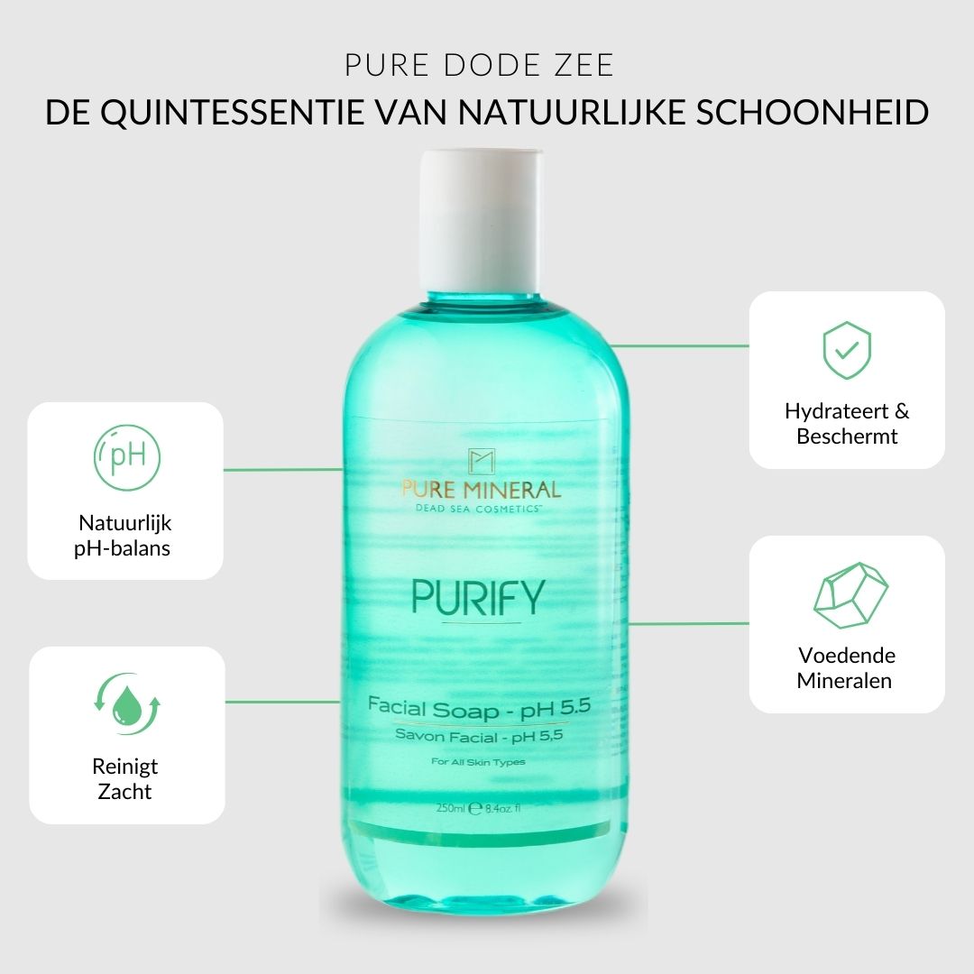 Groene fles met witte dop en doos. Opschrift: PURIFY, Facial Soap pH 5.5. Voor alle huidtypes.