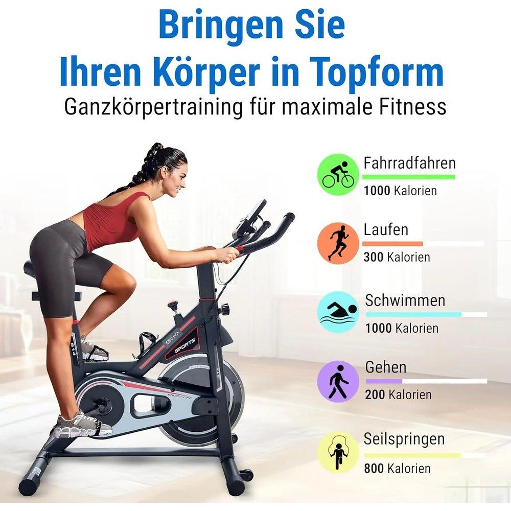 AsVIVA Indoor Cycle S14: Frau trainiert, Vergleich Kalorienverbrauch Radfahren, Laufen, Schwimmen.