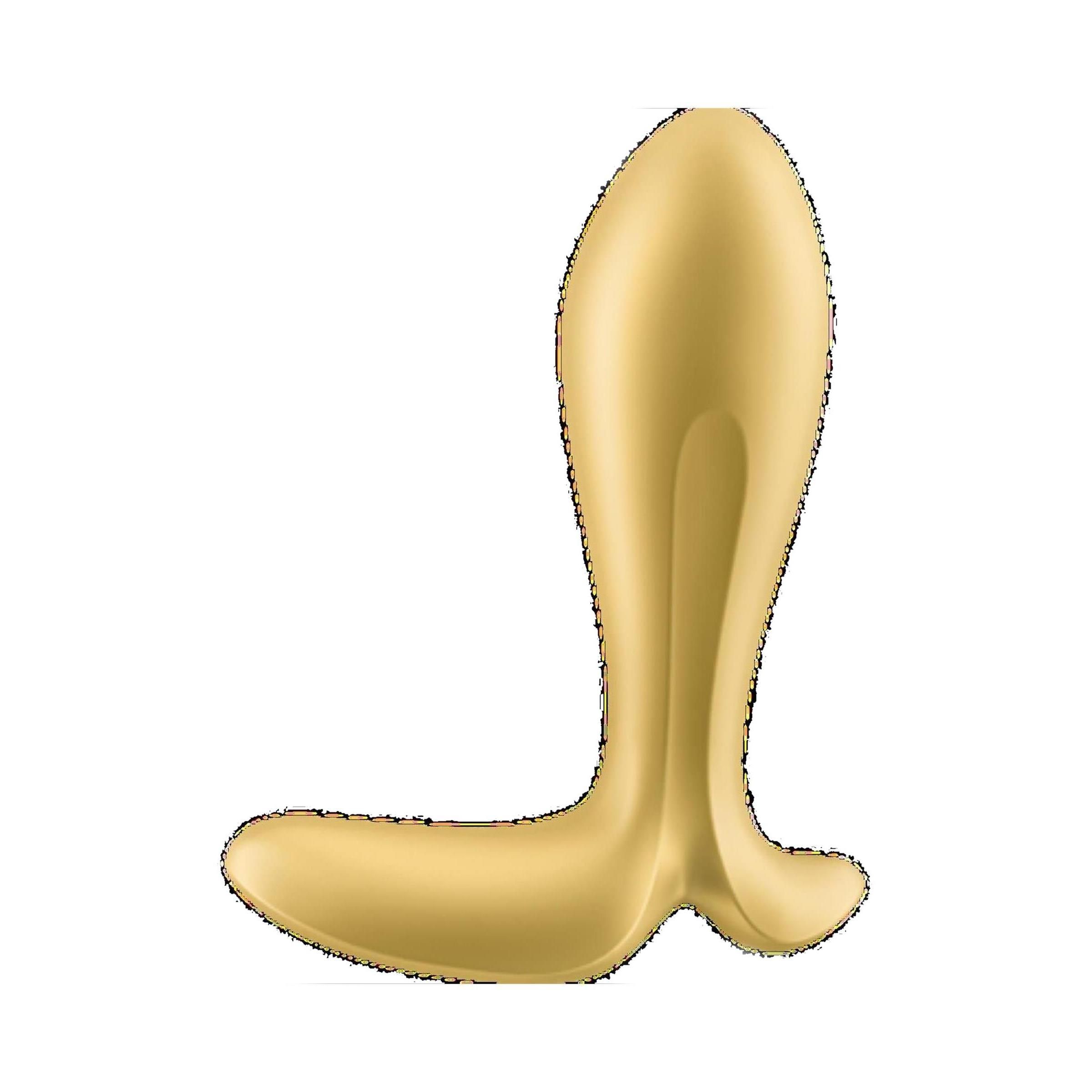 Goldfarbener Analplug. Tropfenförmiger Kopf, geschwungener Schaft, breite Basis. Glatte Oberfläche.