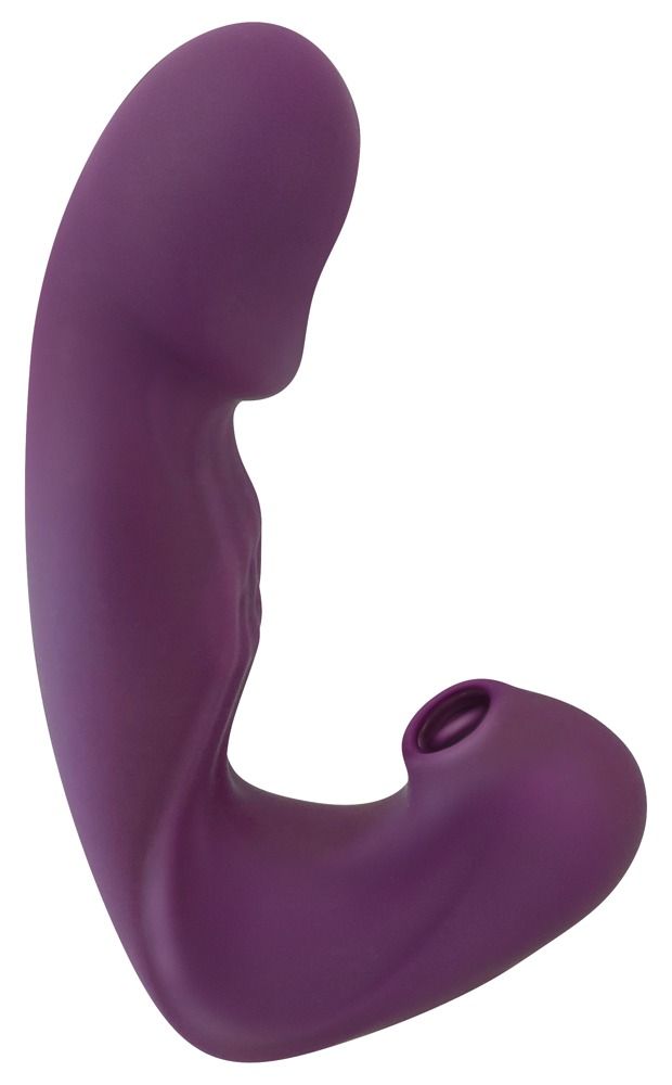 Lila Vibrator mit Klopffunktion und Klitorissauger. Gebogene Form, glatte Oberfläche, mit Öffnung.