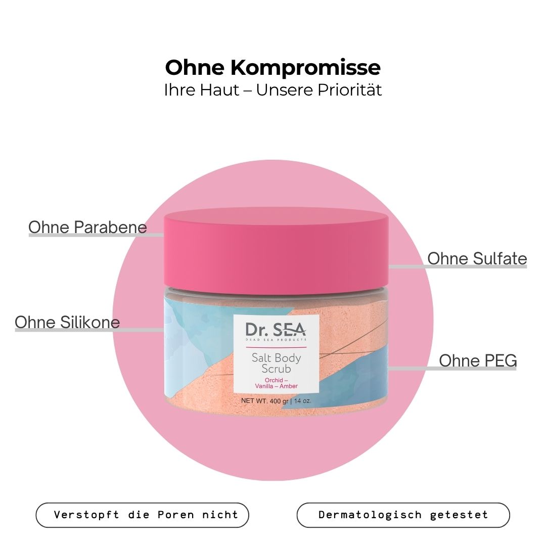 Glasbehälter mit rosa Deckel. Etikett mit "Dr. SEA" und "Salt Body Scrub". Text: Ohne Parabene, Sulfate, Silikone, PEG. Dermatologisch getestet.