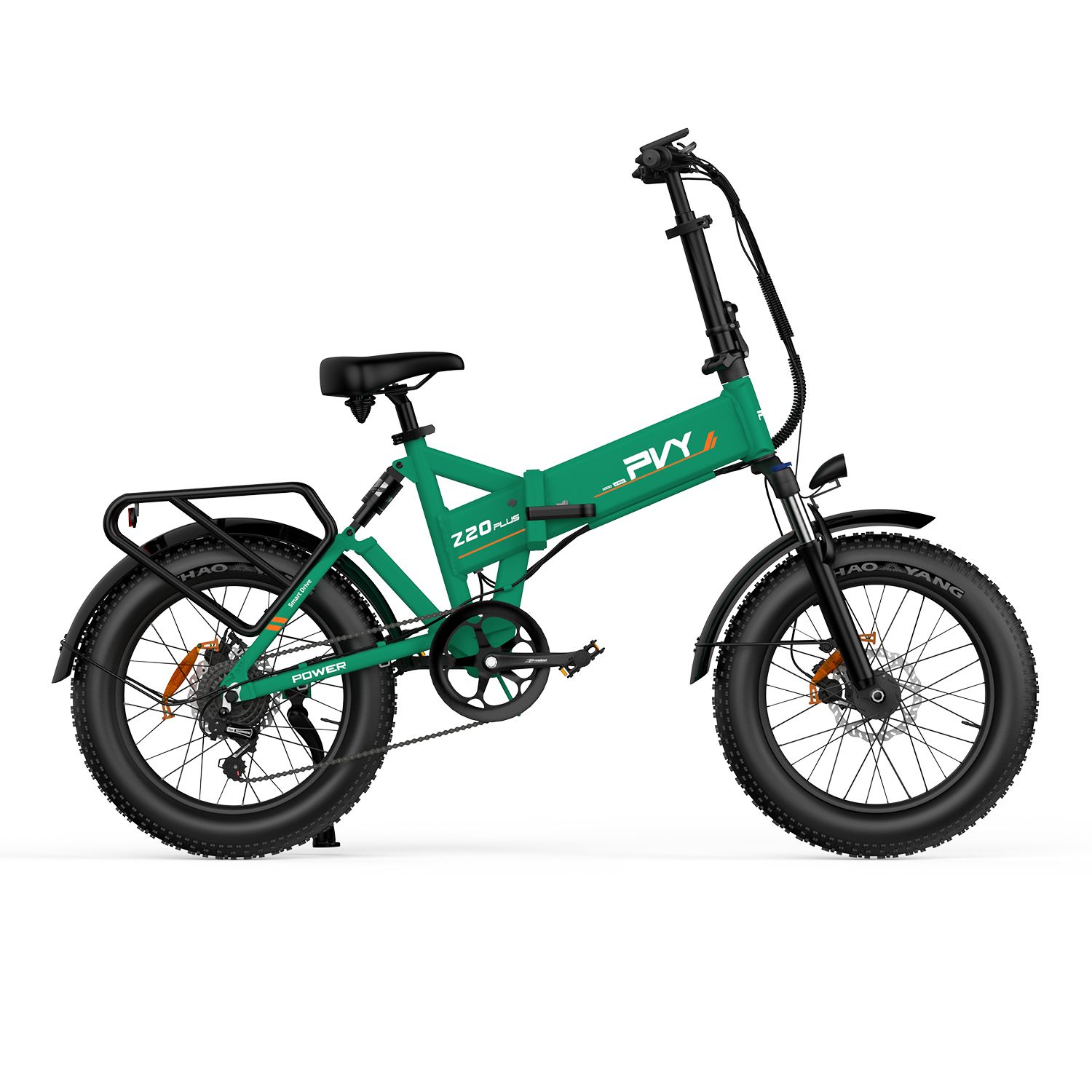Grünes PVY Z20 Plus E-Bike mit Dreifachfederung. Schwarze Reifen, Gepäckträger und Sattel. Sichtbare Schriftzüge.