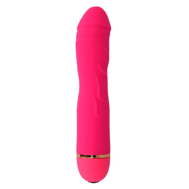 Pinkfarbener Vibrator mit abgerundeter Spitze und goldfarbenem Ring am unteren Ende. Glatte Oberfläche.