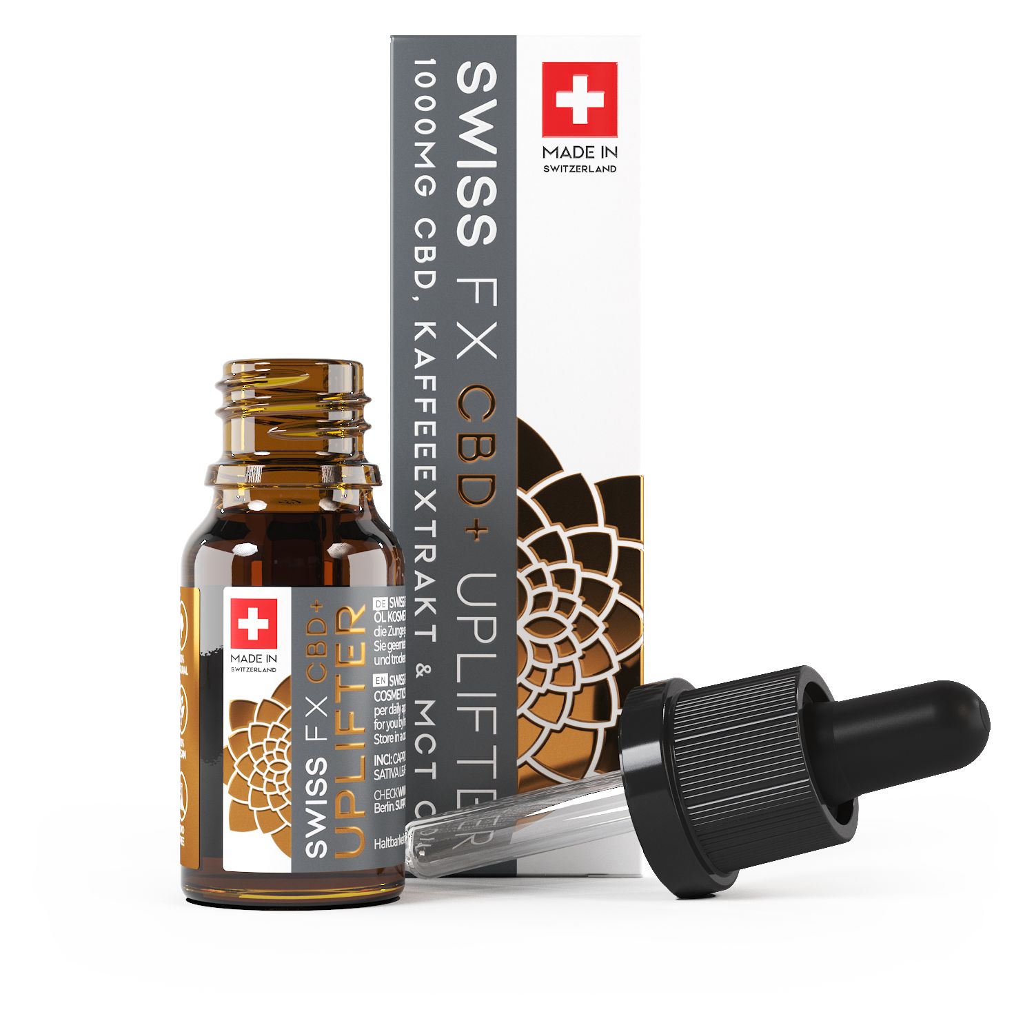 Braunglasflasche mit Tropfer und Verpackung. Tropfer liegt daneben. Aufschrift: SWISS FX CBD+ UPLIFTER. Schweizer Kreuz.