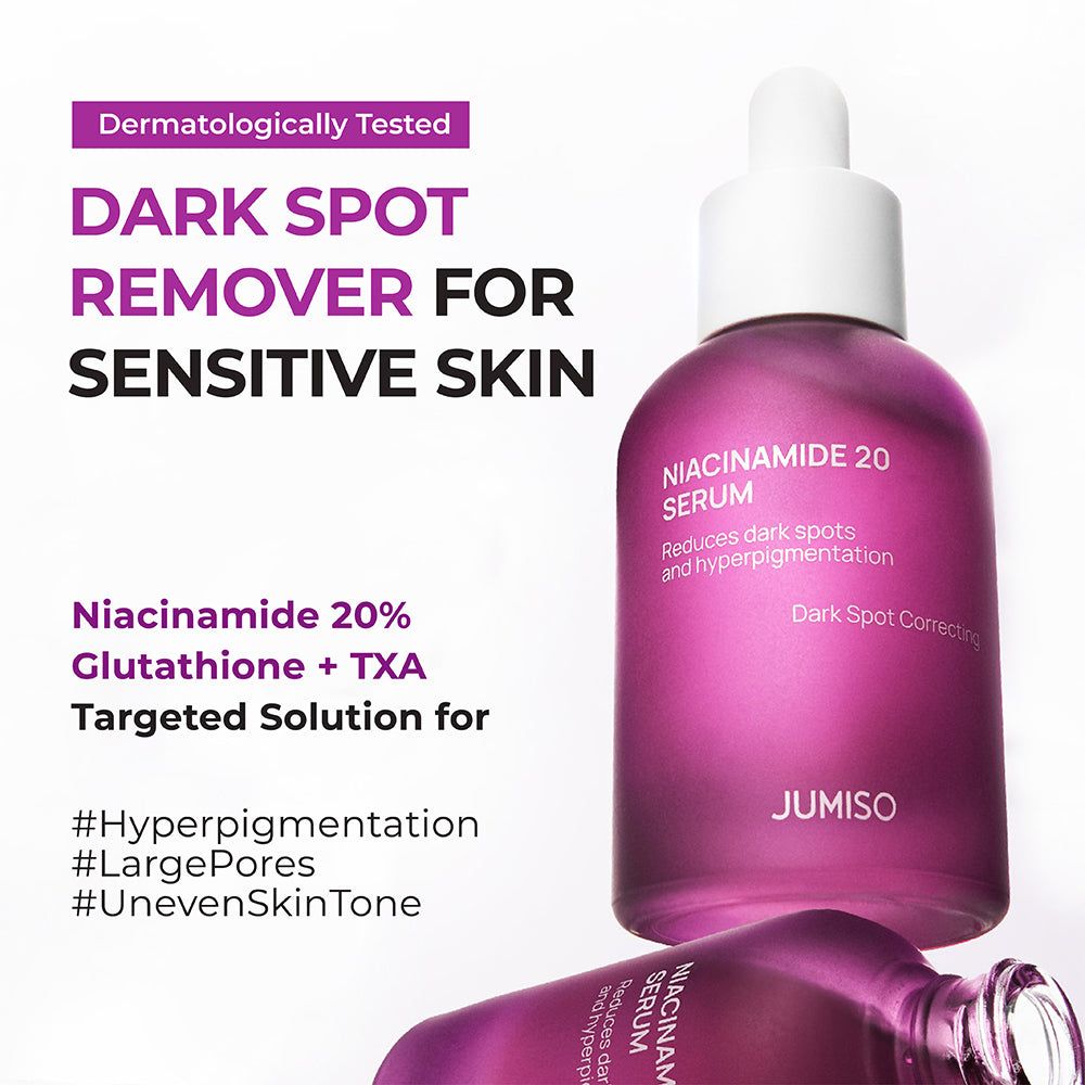 Dunkelvioletter Flakon mit Pipette, Niacinamid 20% Serum für dunkle Flecken.