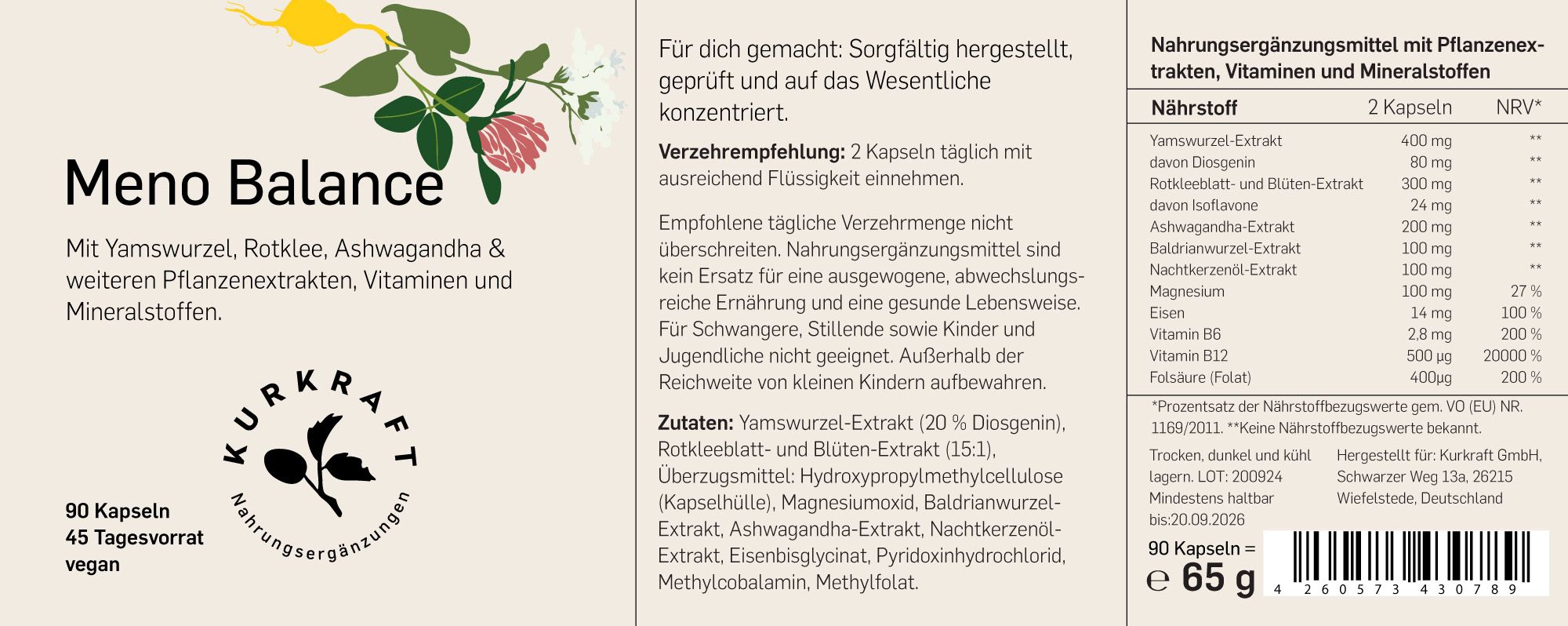 Etikett einer Meno Balance-Packung. Text: Meno Balance, 90 Kapseln, 45 Tagesvorrat, vegan. Inhaltsstoffe und Nährwertangaben.