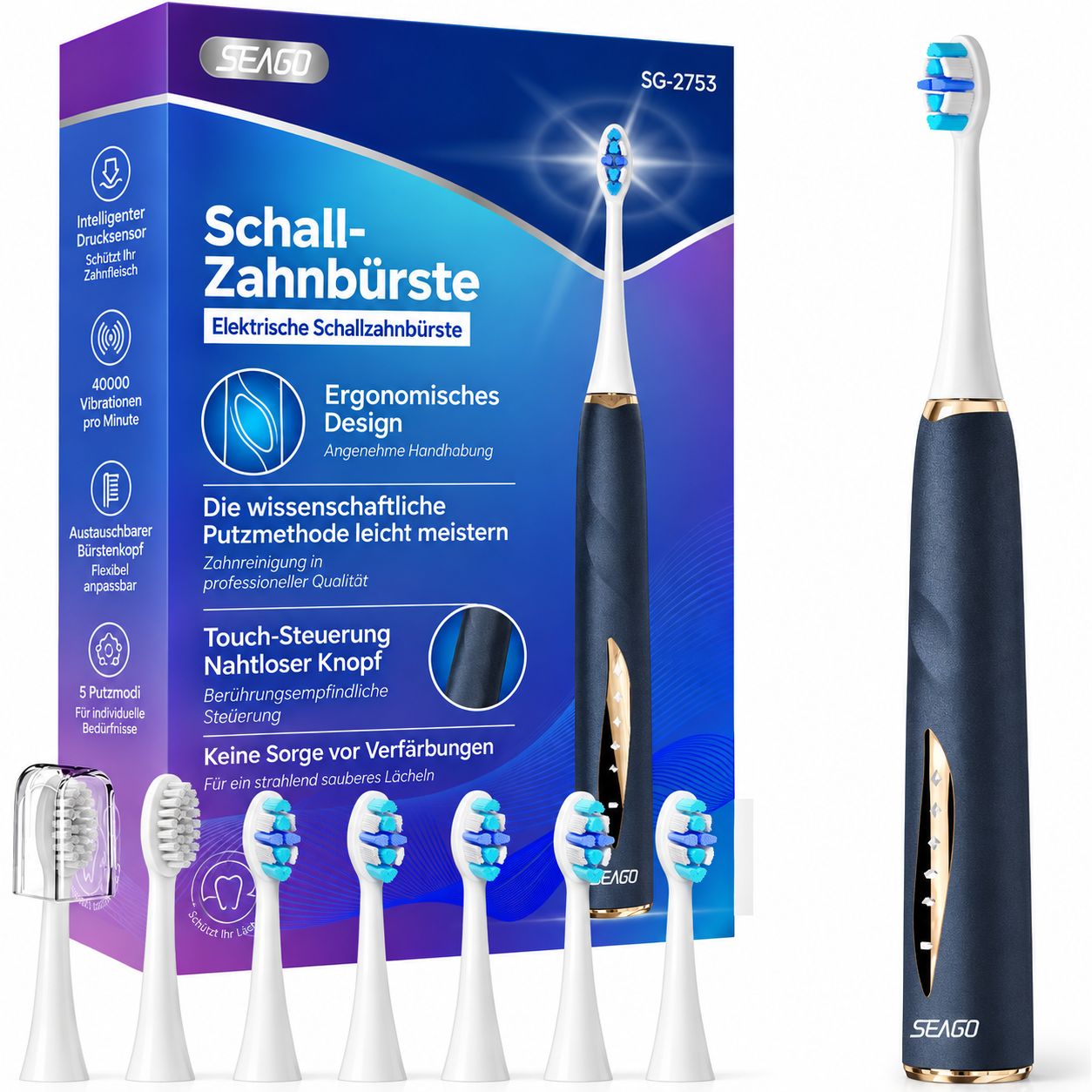 Verpackung und elektrische Schallzahnbürste mit mehreren Aufsätzen und Ladekontakten.