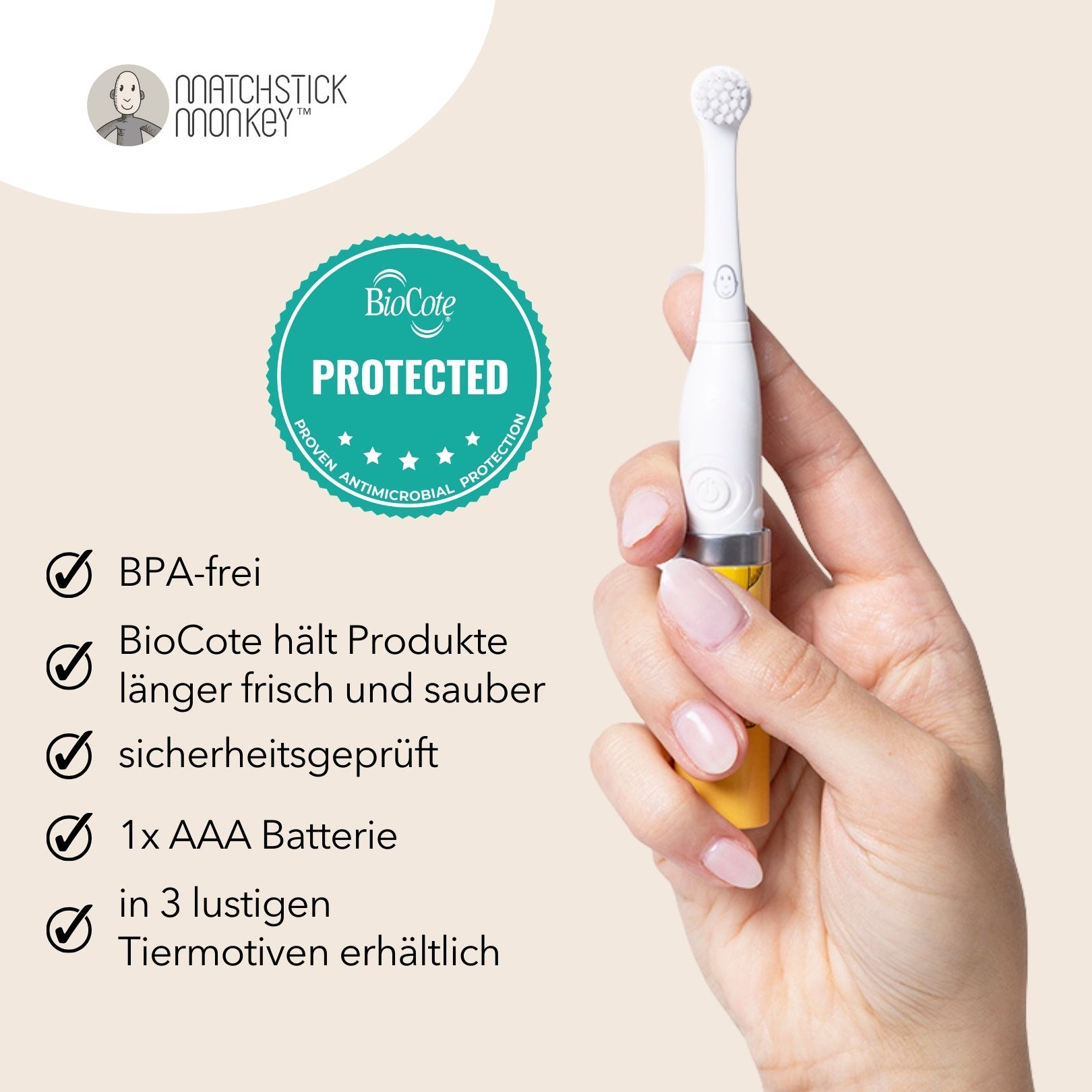Hand hält gelb-weiße elektrische Zahnbürste. BioCote-Zertifizierung. Text: BPA-frei, sicherheitsgeprüft, 1x AAA Batterie.